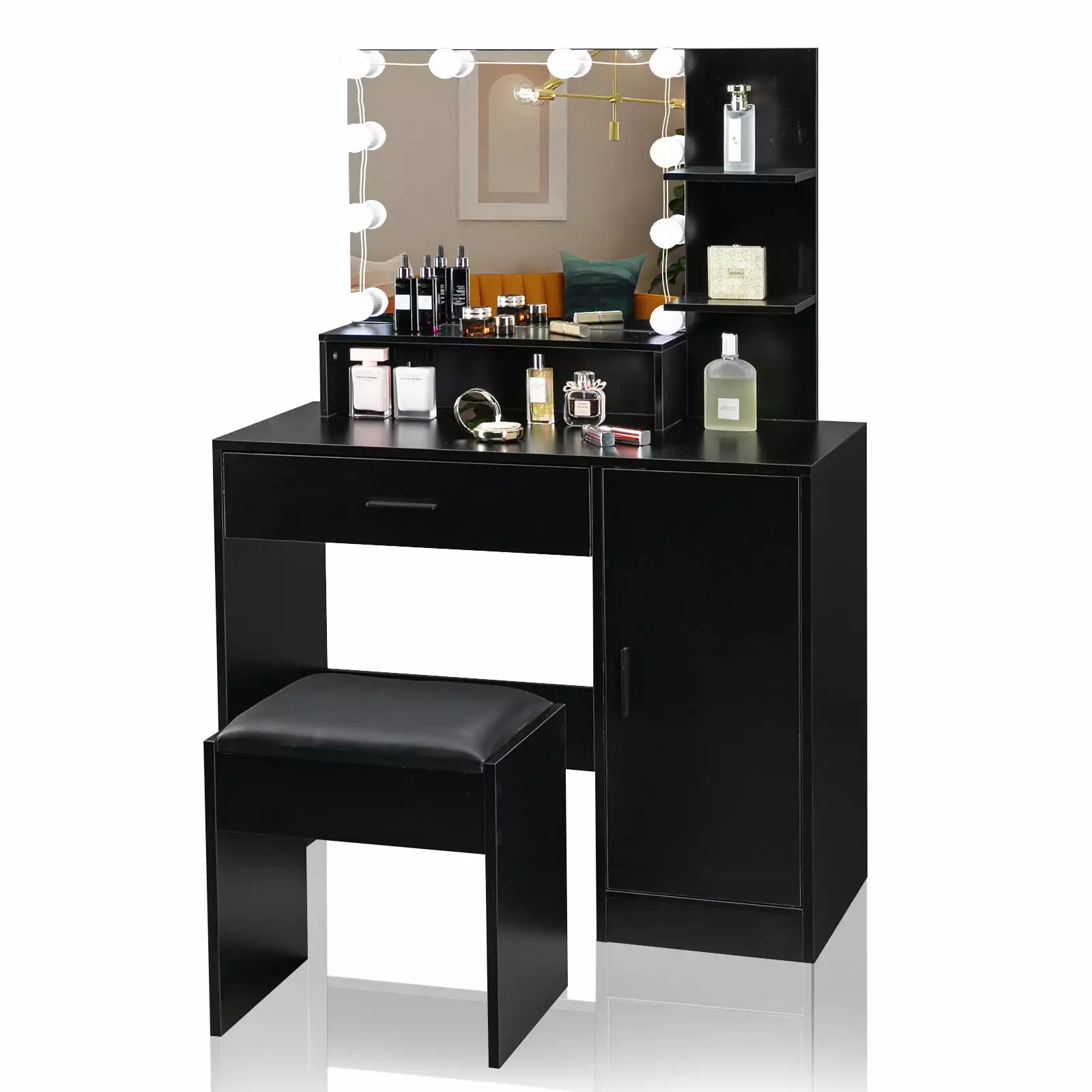 BaytoCare Vanity Set 3 Color 10 Light Bulbs Makeup Table 1 Large Drawer & 1 Storage Cabinet Dressing Vanity Table Cushione...