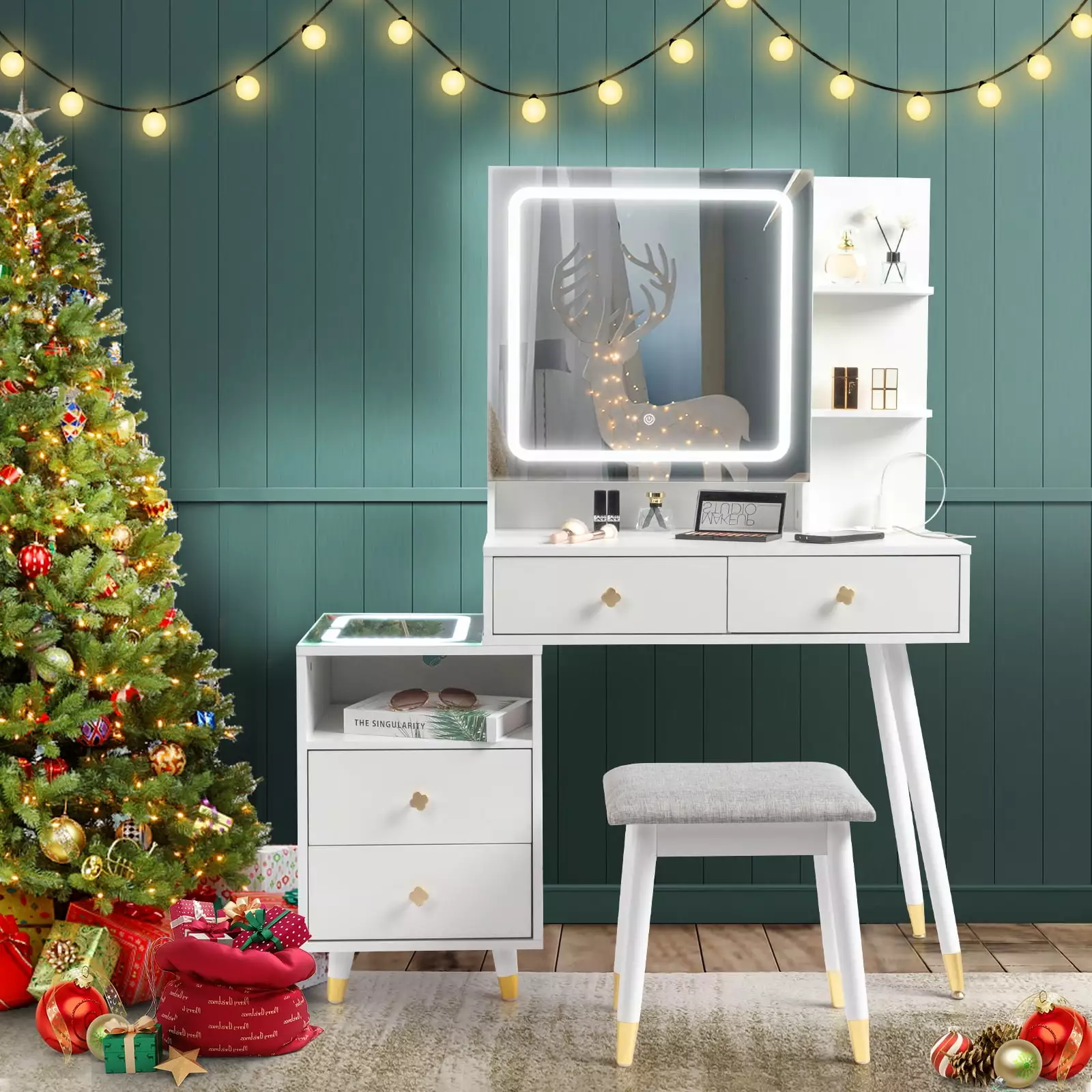 GoDecor 3 Color Lighted Mirror Vanity Desk Makeup Vanity 4 Storage Drawers White FCH