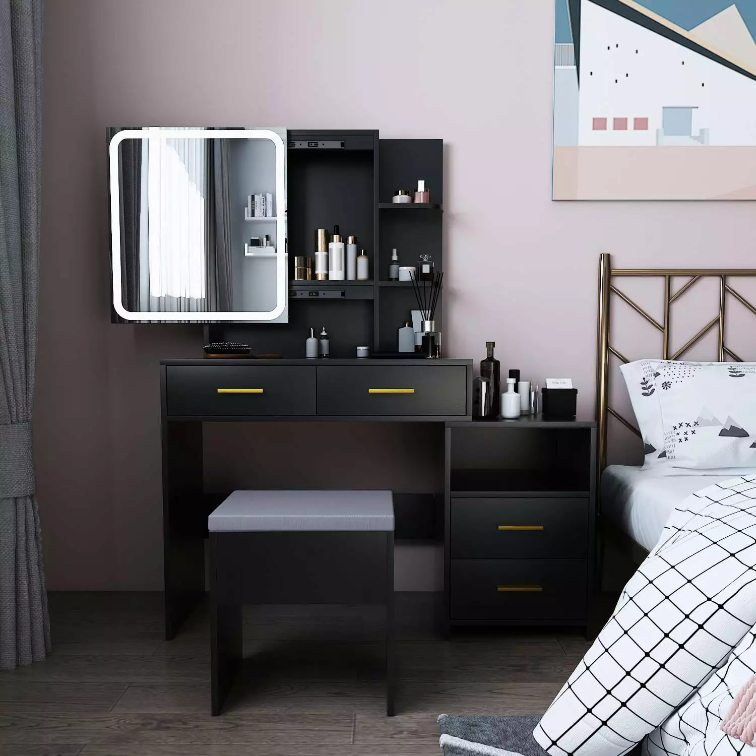 Ktaxon 3 Color Lighted Vanity Table Sliding Mirror Storage Drawers and Stool Black FCH