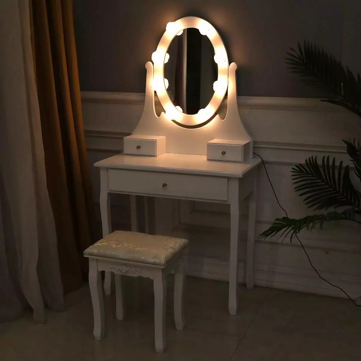 UBesGoo Lighted Vanity Set Dressing Table 3 Drawers Bedroom White Finish FCH