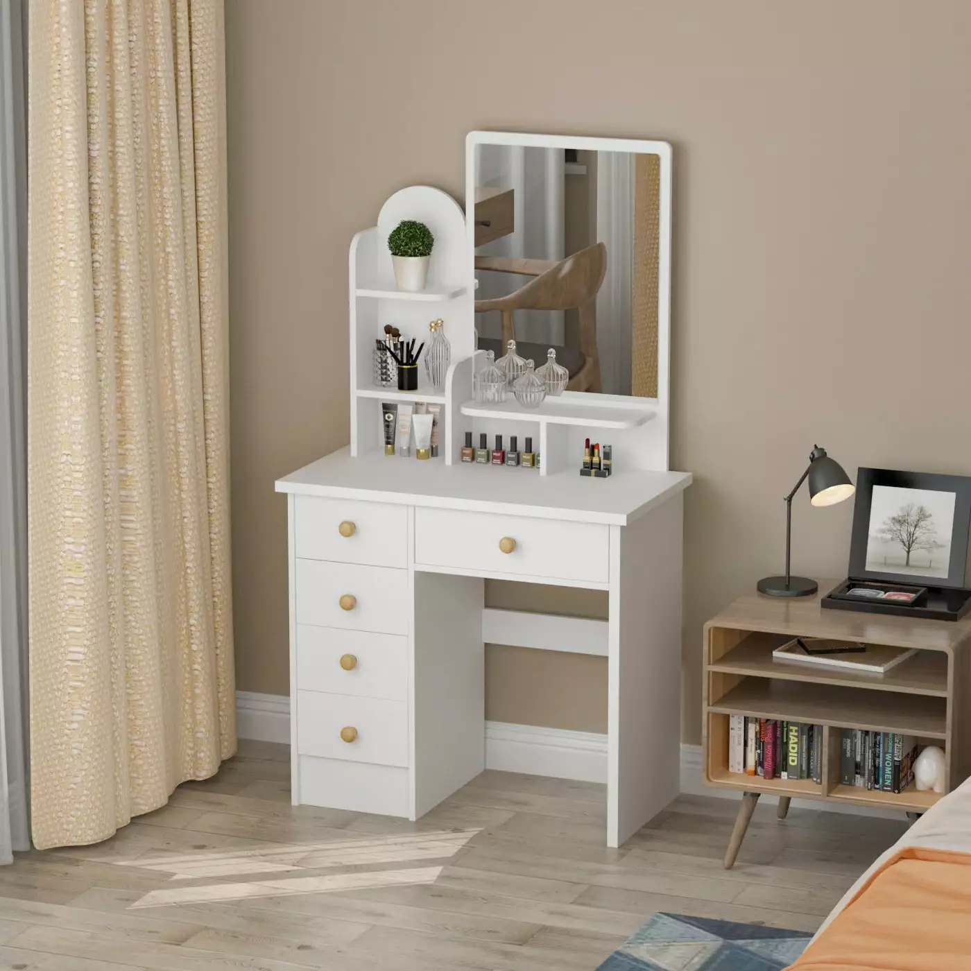 Vanity Table Set Mirror Makeup Table 3 Storage Shelves and 5 Drawers Dressing Desk Girls Women White FUFU & GAGA