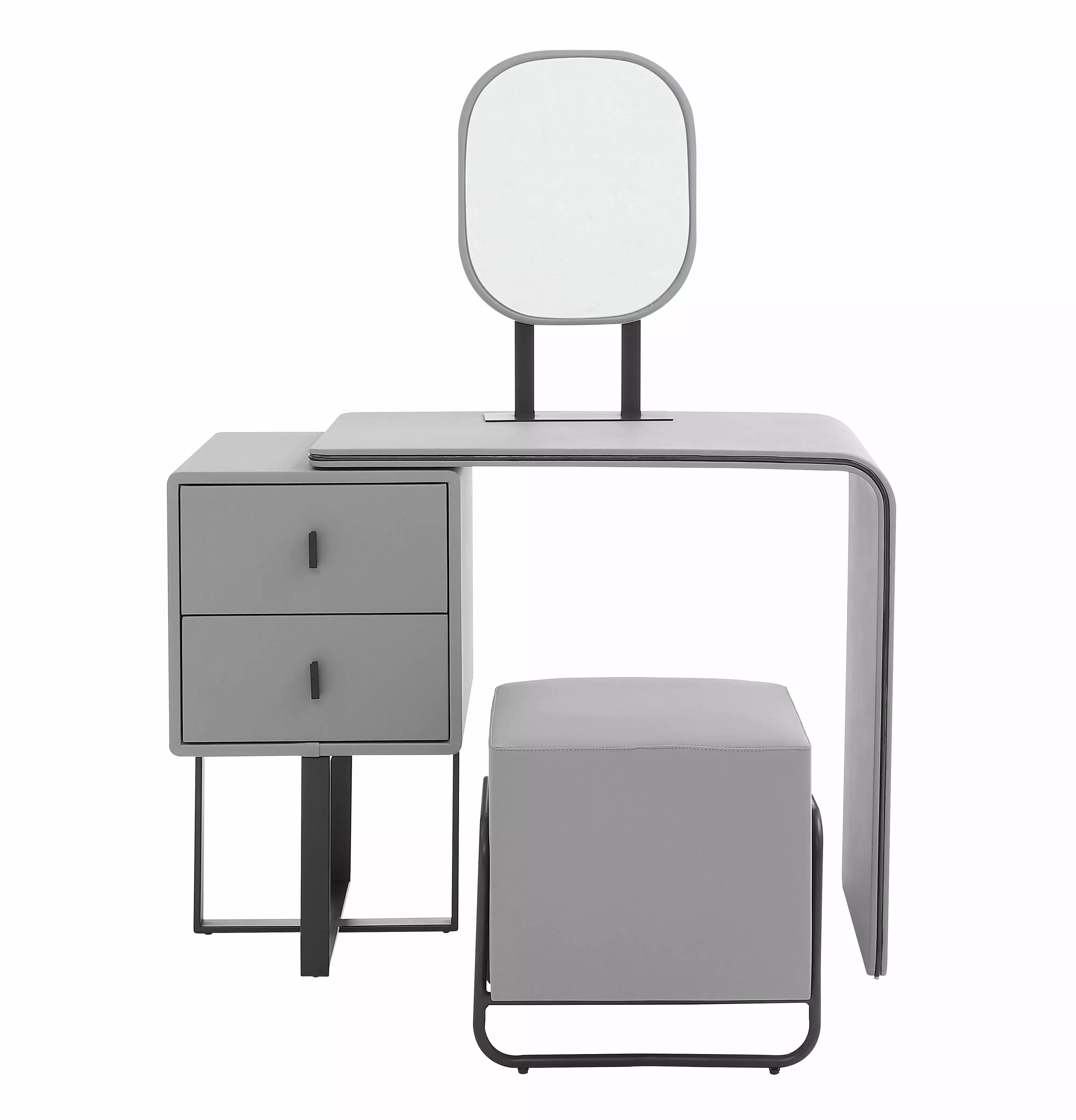 FUKAYI Faux Leather Makeup Vanity Desk Set Stool Small Vanity Makeup Mirror Desk Gray