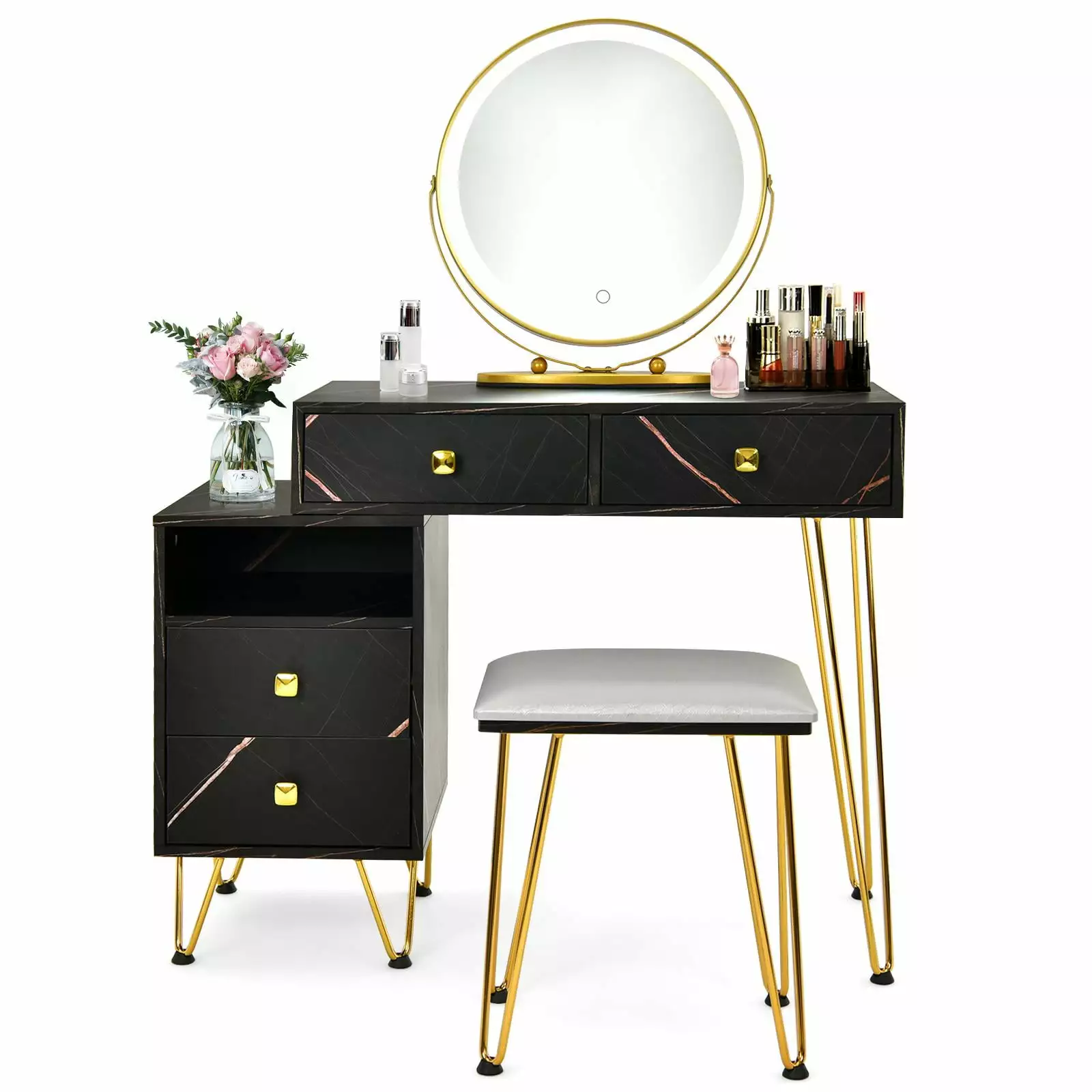 Giantex Makeup Vanity Set Lighted Mirror Modern Dressing Table Storage Cabinet Adjustable Brightness Black
