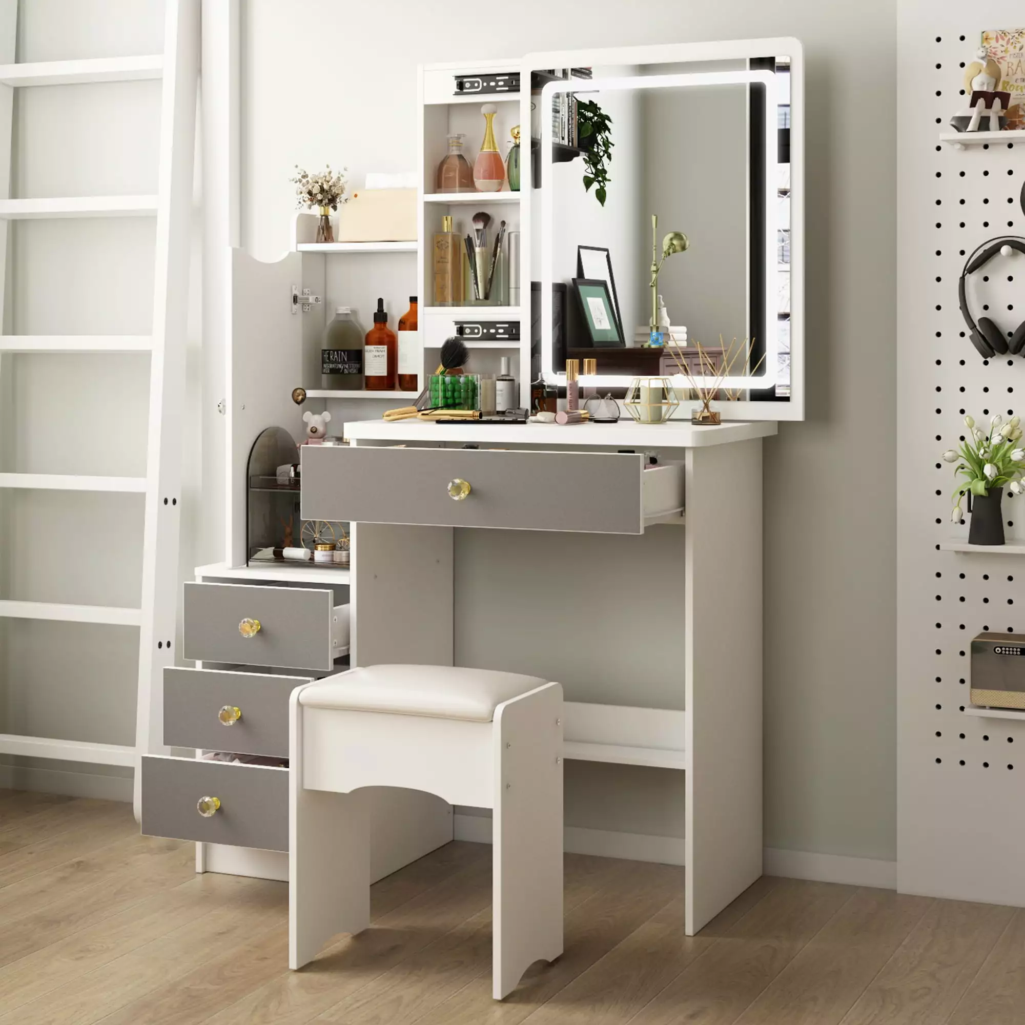 OXYLIFE Makeup Vanity Desk LED Lighted Mirror and 4 Drawers - White and Gray Stool HiTow