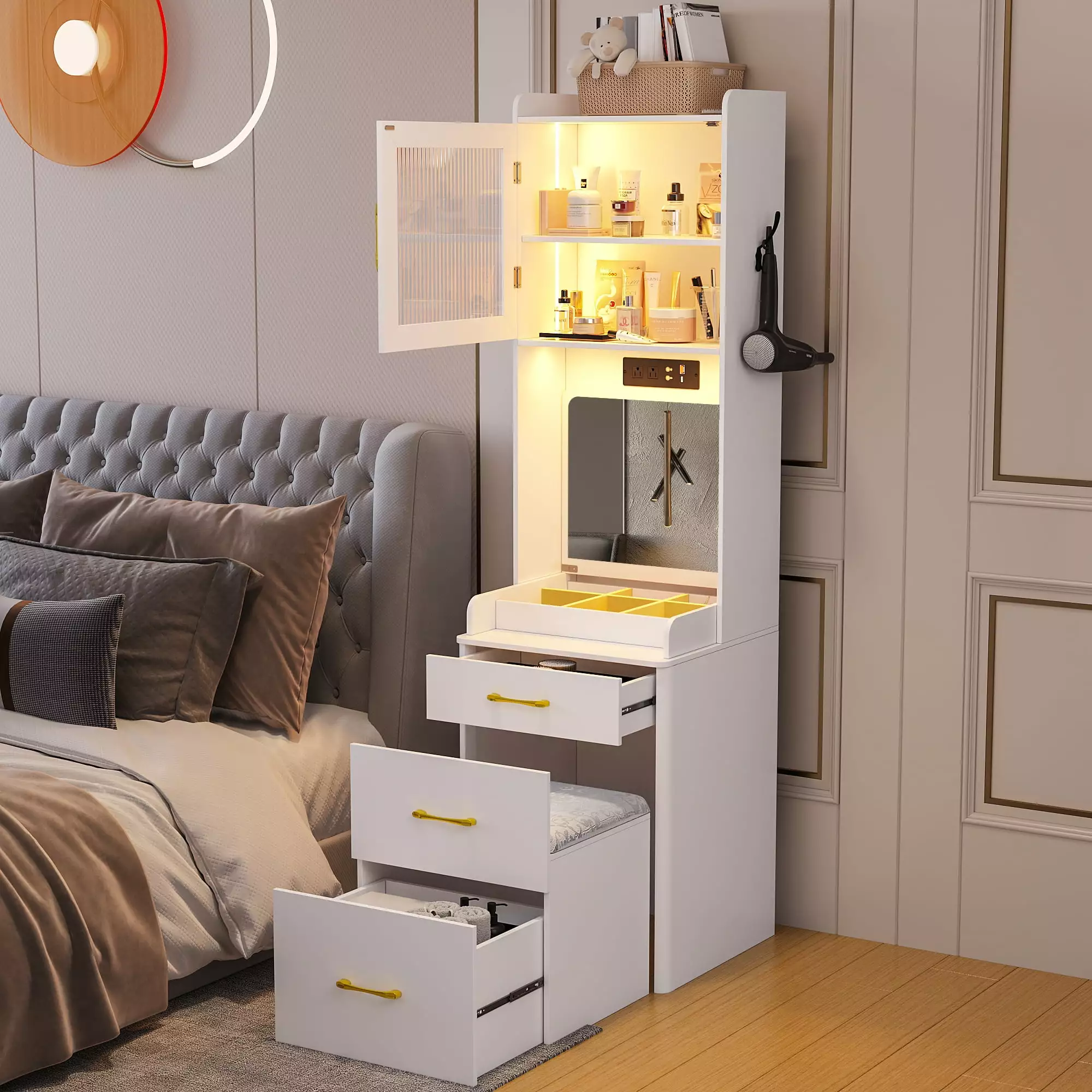 HNEBC Vanity Desk Flip Up Mirror and Light Makeup Vanity Table Charging Station Small Vanity Set Stool