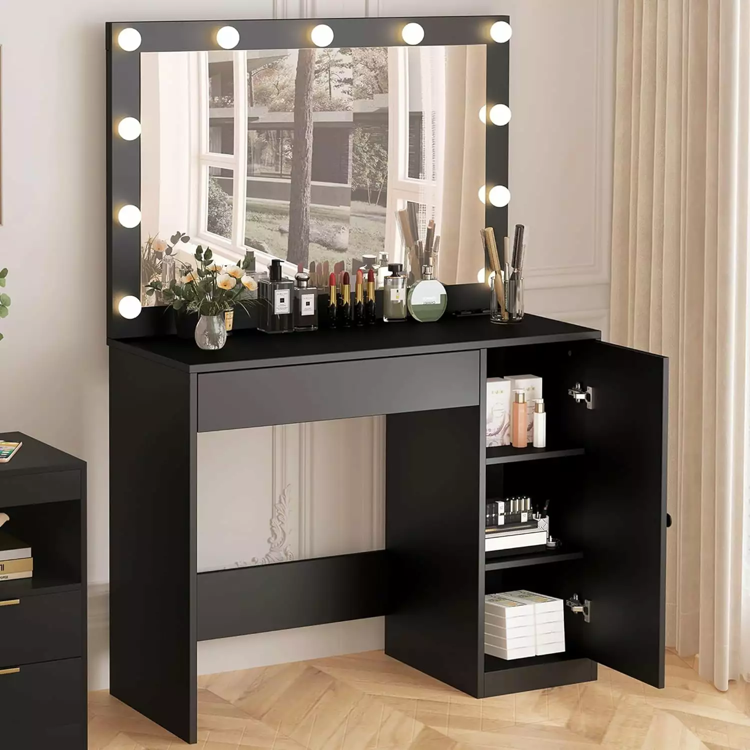 HOMEFORT Vanity Desk Large HD Mirrors and Lights Makeup Dressing Table Outlet Vanity Station 3 Color Lighting Adjustable B...