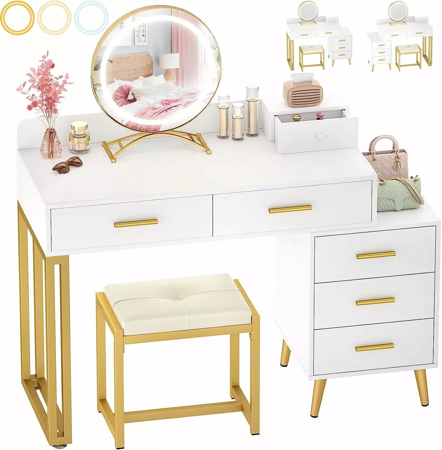 Homisimple White Vanity Desk Mirror and Lights, Modern Makeup Table Set 6 Drawers and Cushioned Stool Homieasy