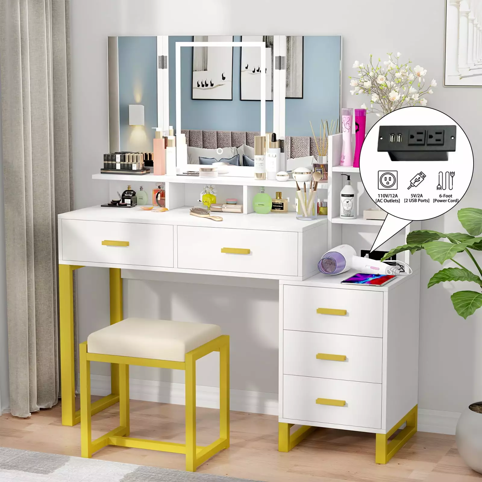 Hsozptry Vanity Set Lighted Tri-fold Mirror Makeup Desk Charging Station 3-Color Touch Light 5 Drawers Storage Shelves Cus...