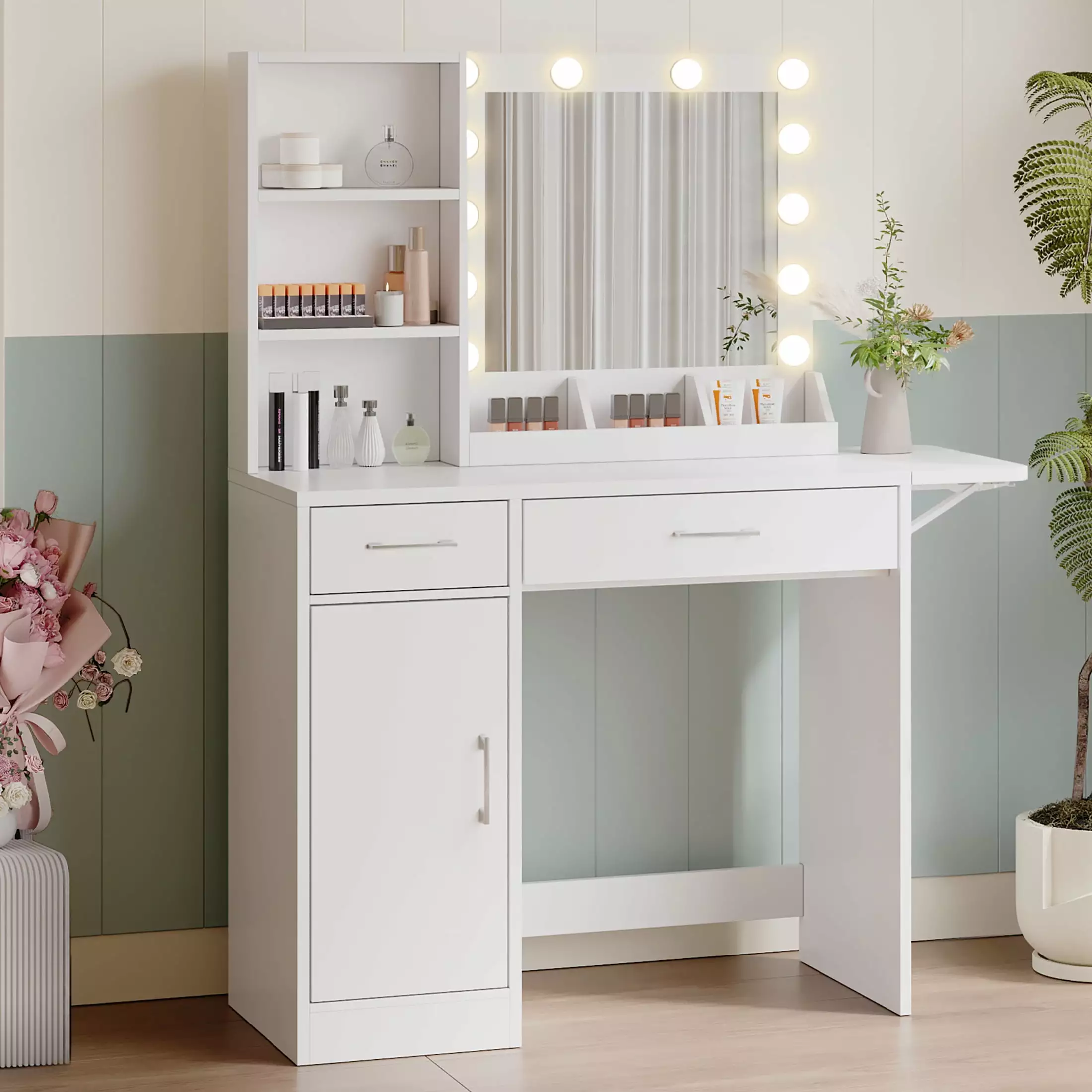 HSUNNS Vanity Desk Mirror and 3 Color LED Lights, Modern Makeup Desk 3 Drawers and Storage Cabinet White
