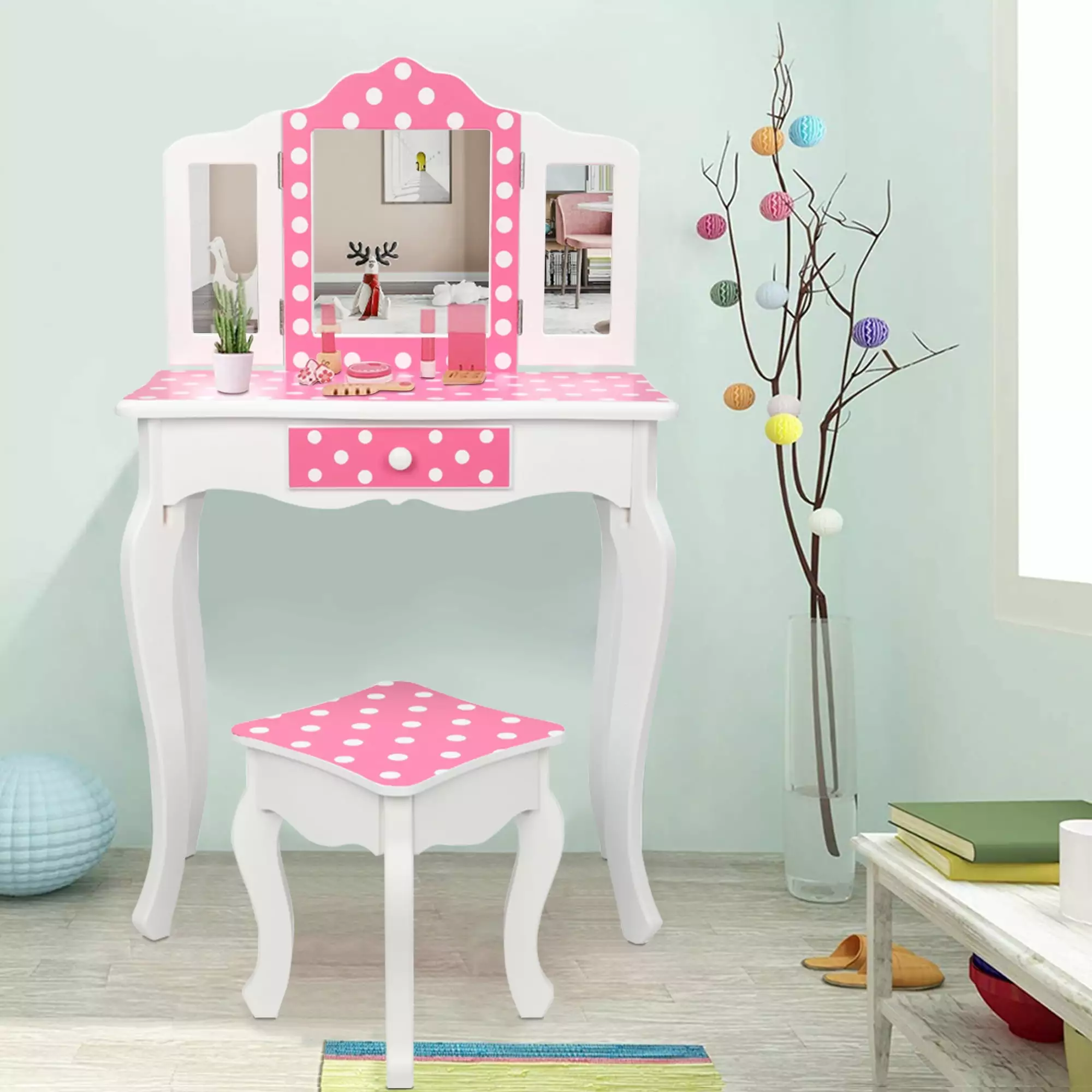 iRerts Kids Makeup Vanity Set Wooden Vanity Tri-Folding Mirror and Stool Pink