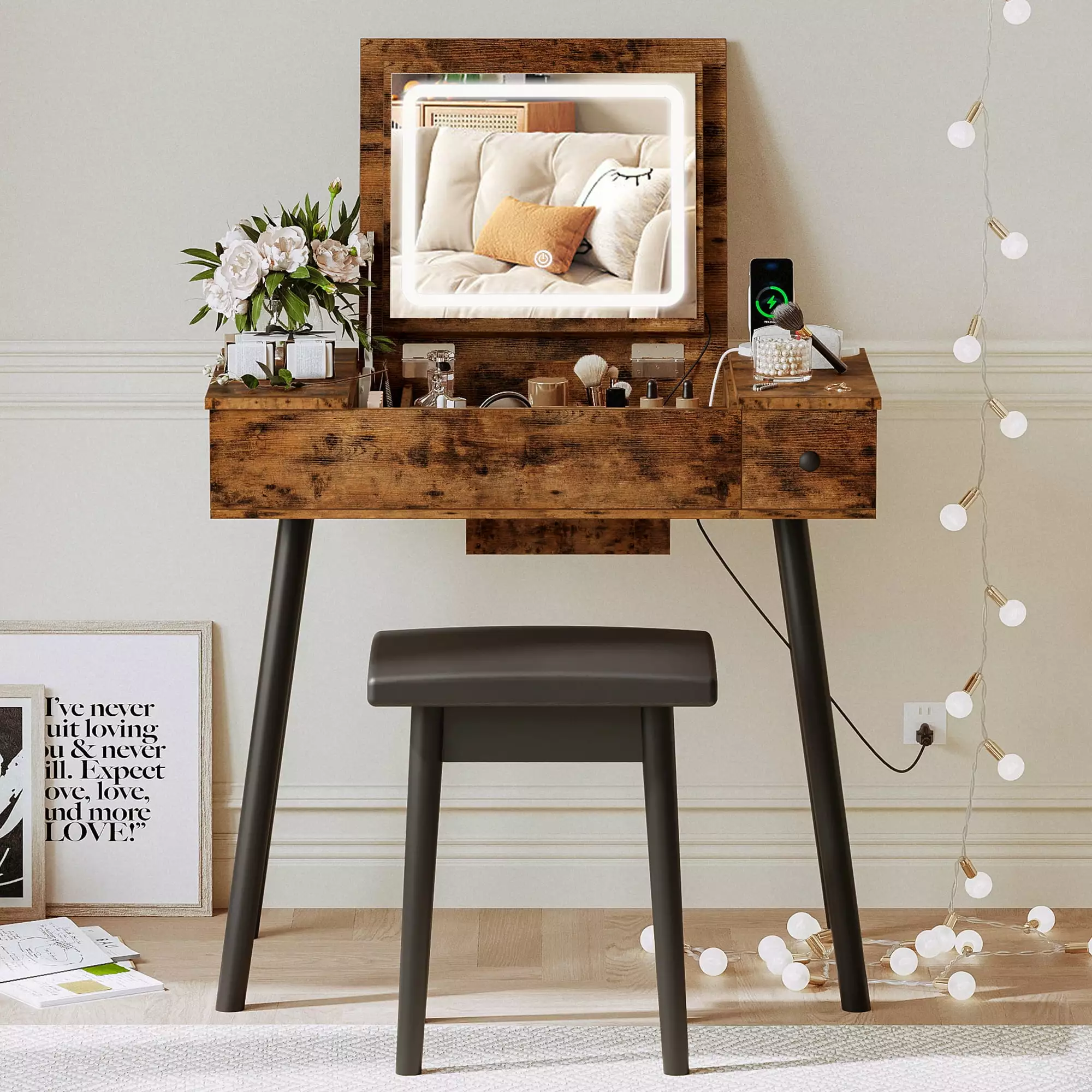 IRONCK White Vanity Desk Flip Top LED Mirror - Vintage Brown Makeup Table Power Outlet