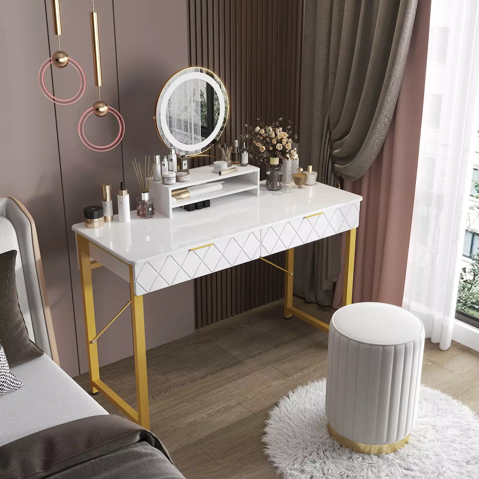 Makeup Vanity Table Drawers and Storage Shelf Glossy Desktop Study and Work Desk White JAFUSI
