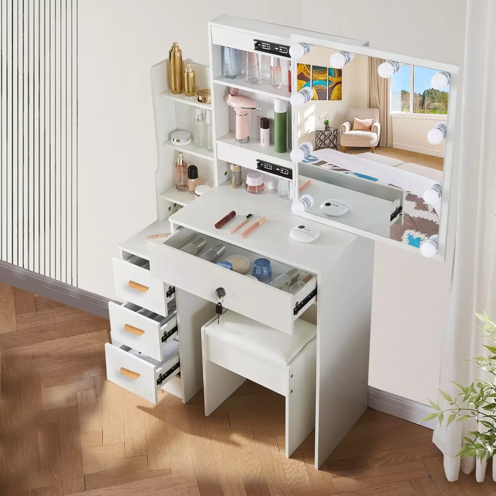 Jarbalai Makeup Vanity Desk Mirror and Lights Dressing Table Sliding Mirror Vanity Set Drawers and Stool White