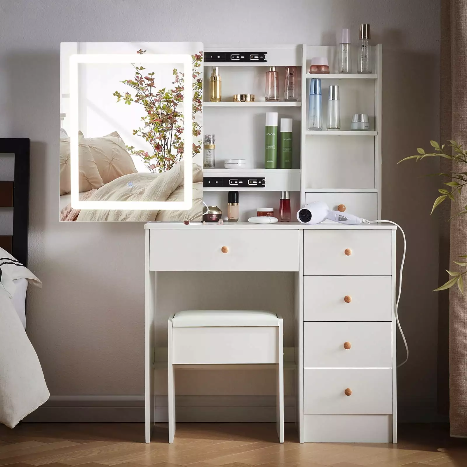 Jarbalai Makeup Vanity Sliding Lighted Mirror - 6 Drawers and Shelves Stool White