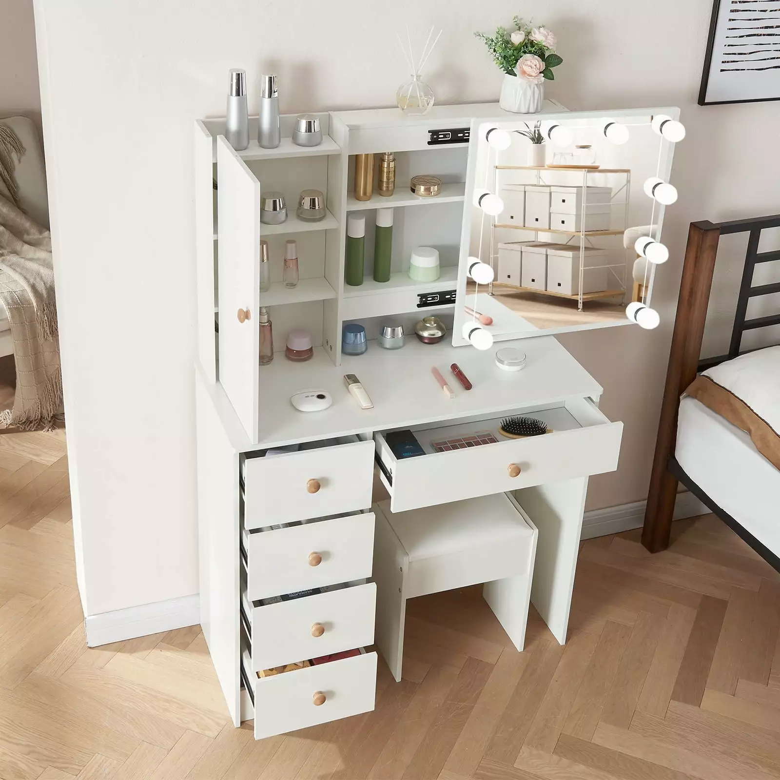 Jarbalai Vanity Set 3 Color Lighted Mirror - White Makeup Table Storage Shelves, Drawers and Stool