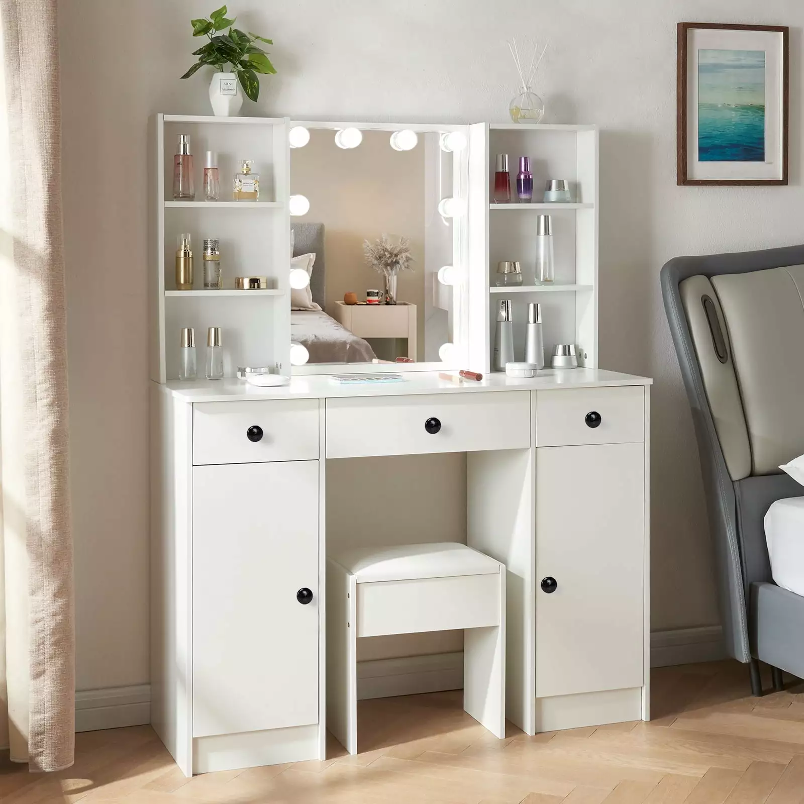 Jarbalai White Makeup Vanity Desk Lighted Mirror 3 Drawers and Stool Girls Bedroom