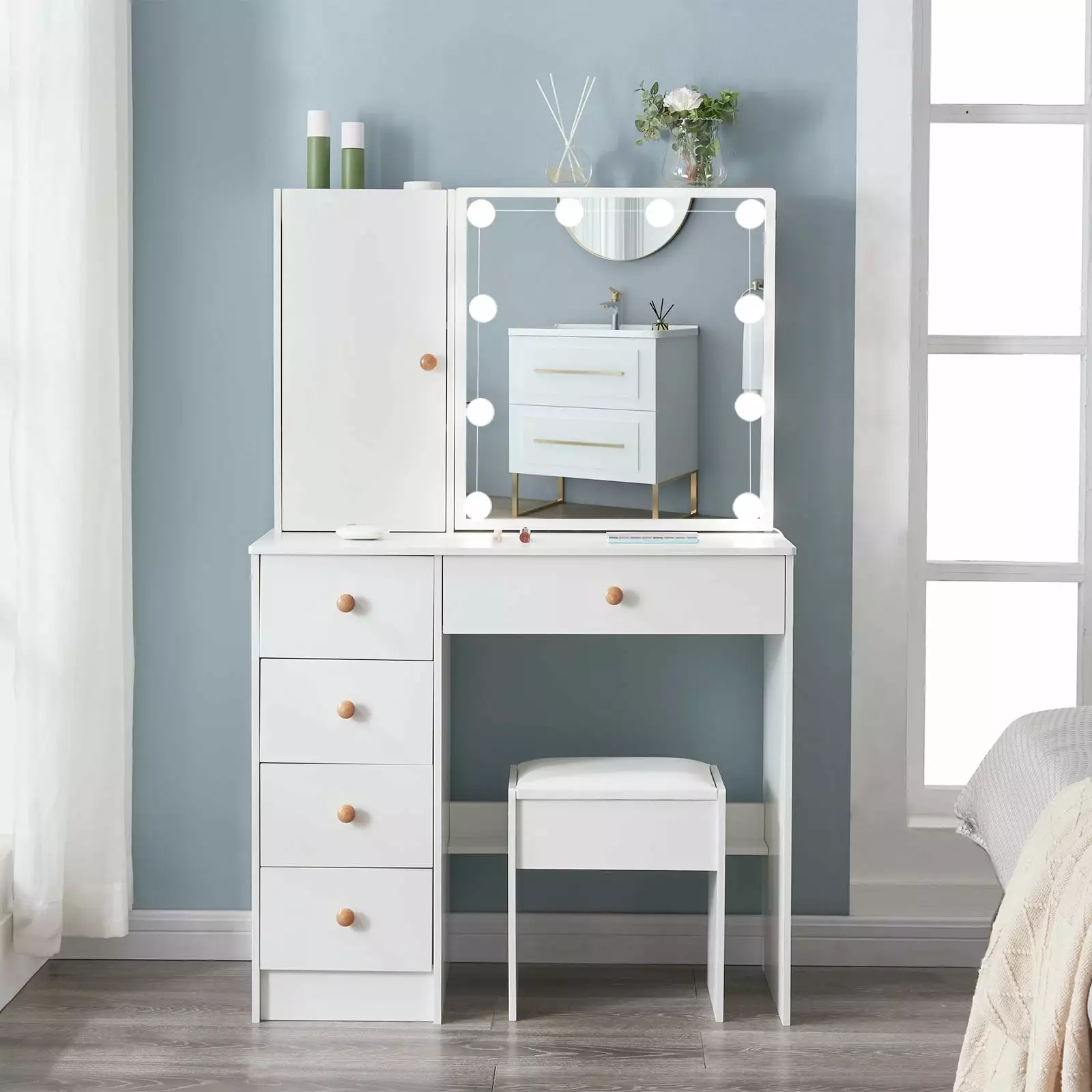JBLCC Modern Bedroom Vanity Desk Lighted Mirror - White Vanity Table Set Drawers, Shelves and Stool Women and Girls