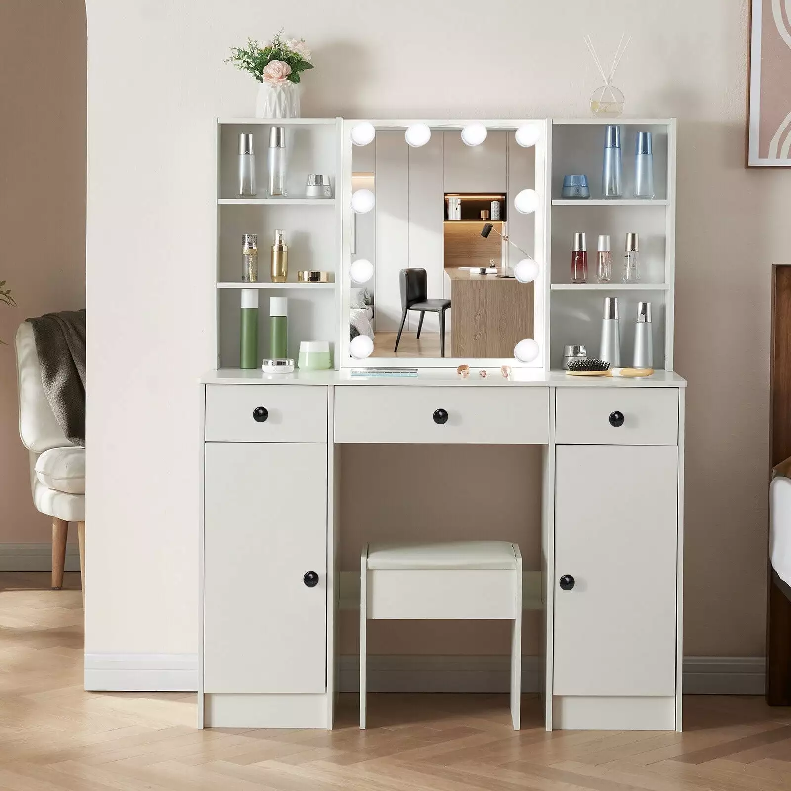 JBLCC Modern Makeup Vanity Desk Lighted Mirror - Vanity Set Stool & Drawers White