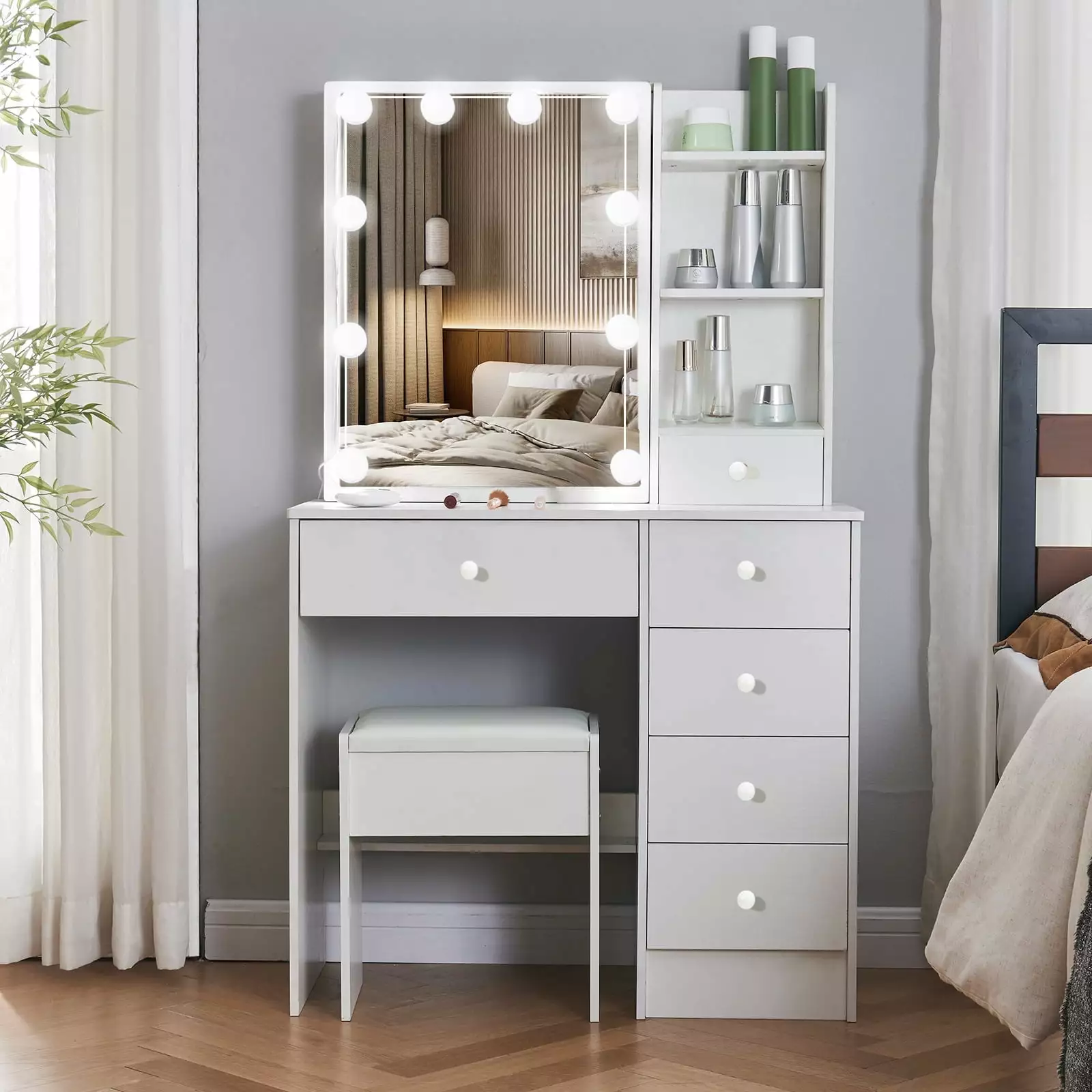 JBLCC Modern Makeup Vanity LED Lighted Mirror and Stool Vanity Table Bedroom Vanity Desk Storage Shelves Drawers White