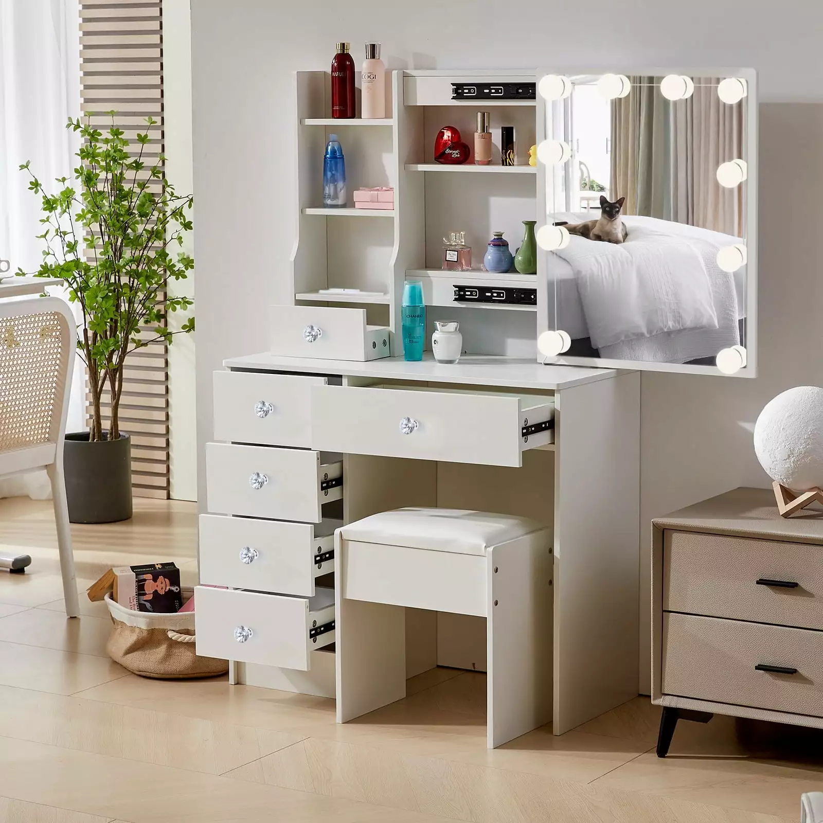 JBLCC Vanity Desk Lights and Mirror - Makeup Dressing Table Storage and Charging Station
