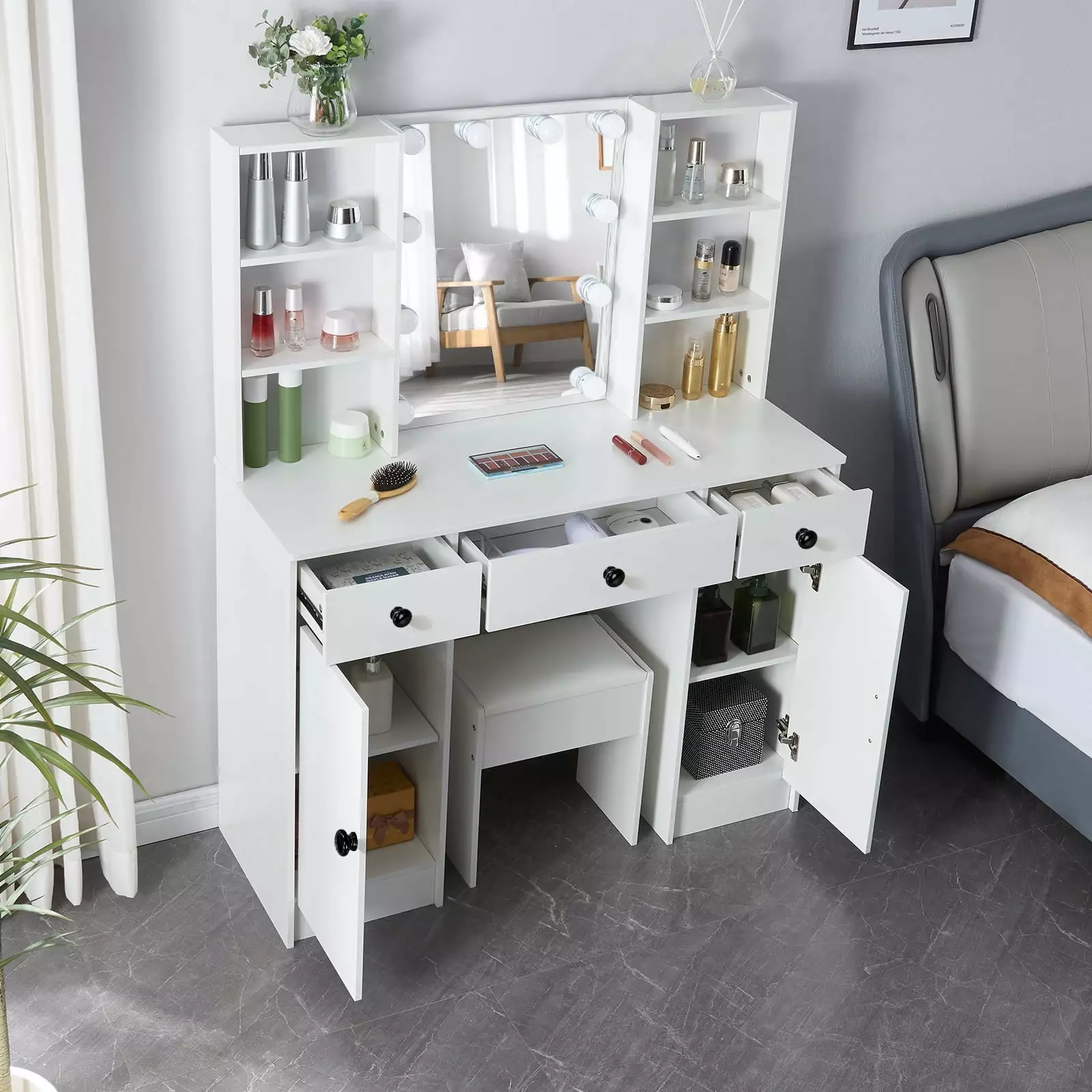 JBLCC Vanity Set 3 Color Lighted Mirror - Makeup Table 3 Drawers and Stool White