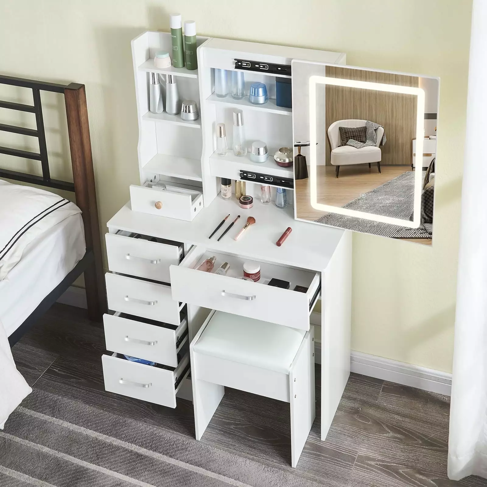 JBLCC Vanity Set Lighted Mirror - White Makeup Table Drawers and Stool