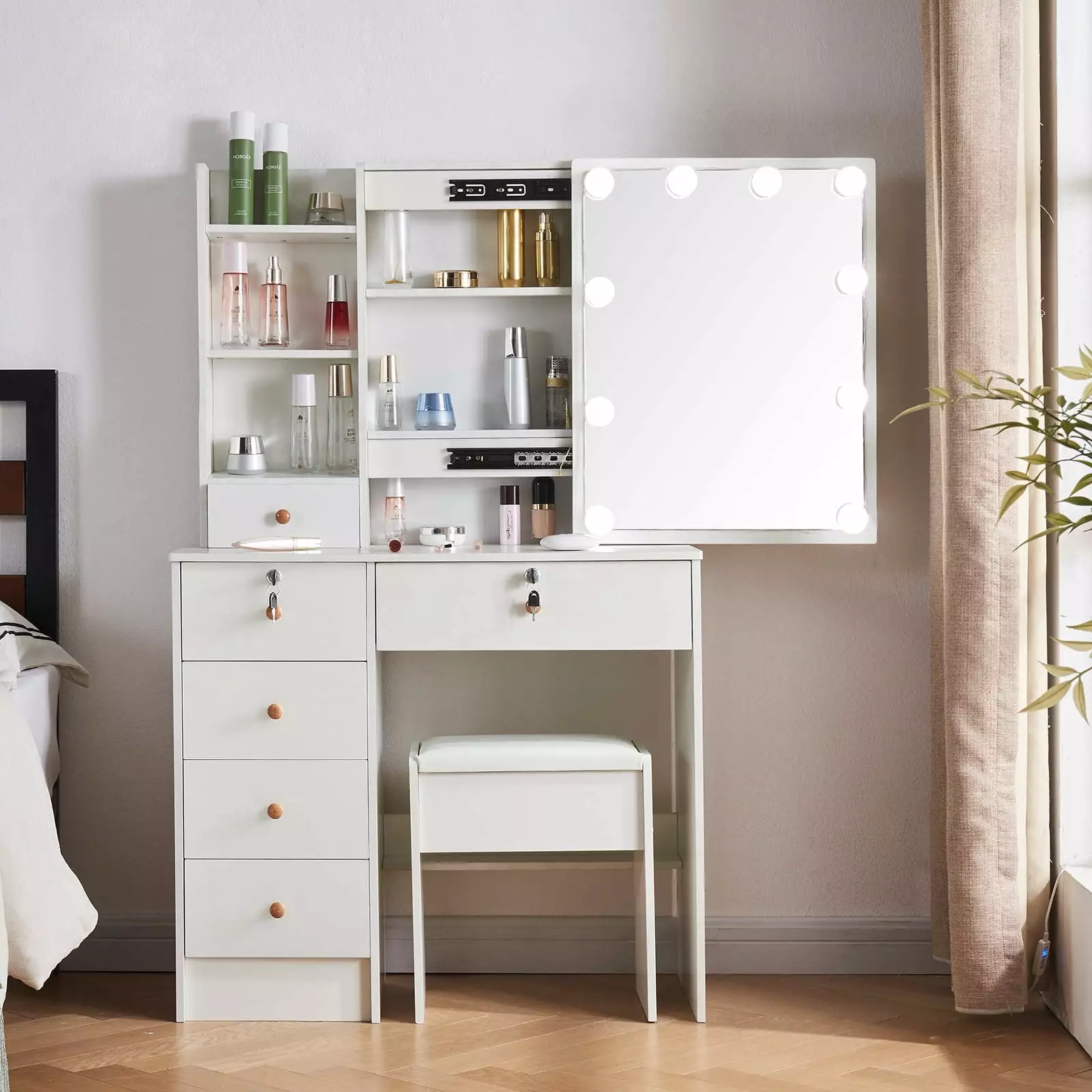 JBLCC White Vanity Set Mirror and Lights - Small Makeup Desk Stool, Drawers and Storage Shelves Girls