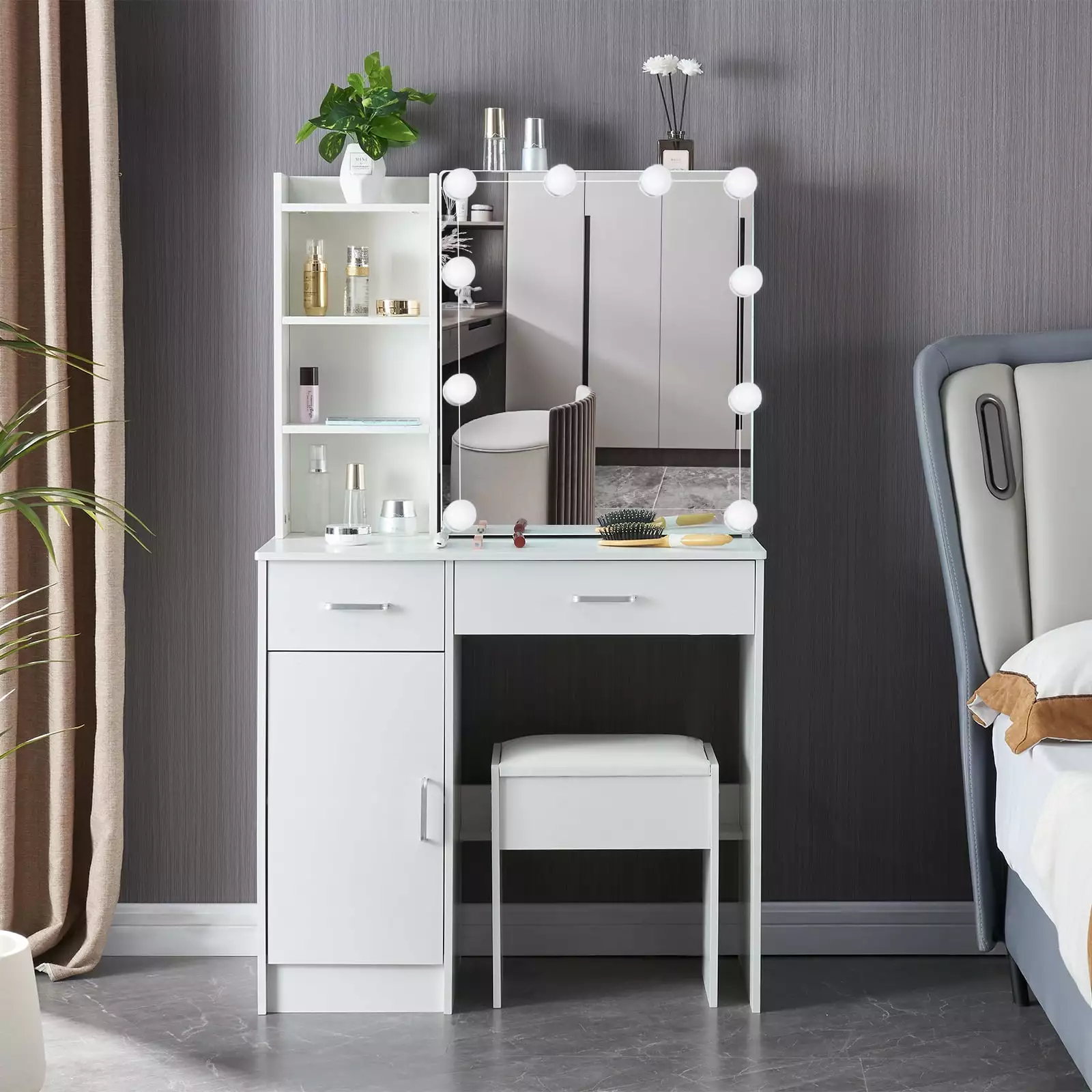 Vanity Desk Mirror and Lights 3 Color and Brightness Adjustable Vanity Set Drawers and Chair White JBLCC