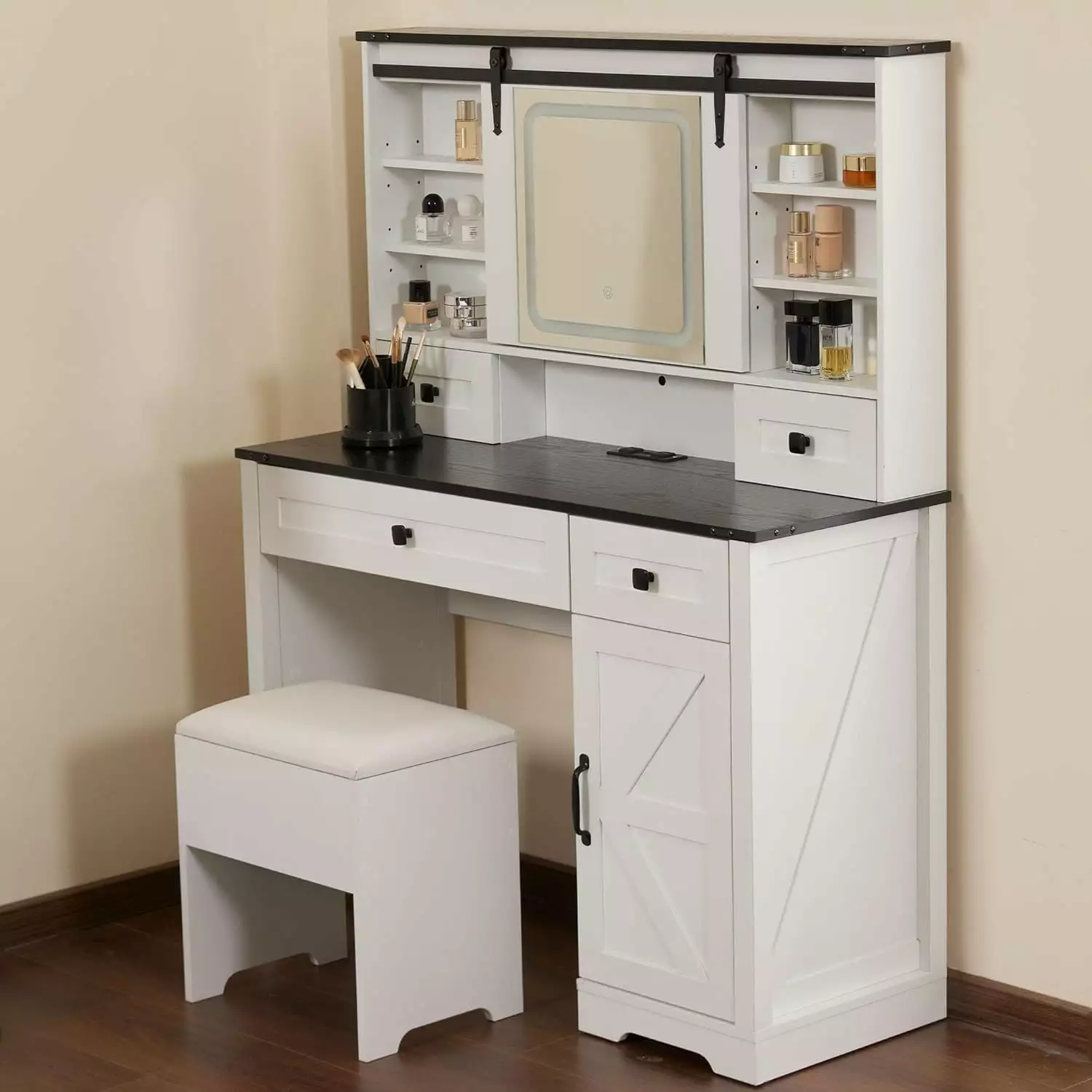 JINSEED Makeup Vanity Desk Set Lighted Mirror 42 Farmhoutilize Vanity Table White