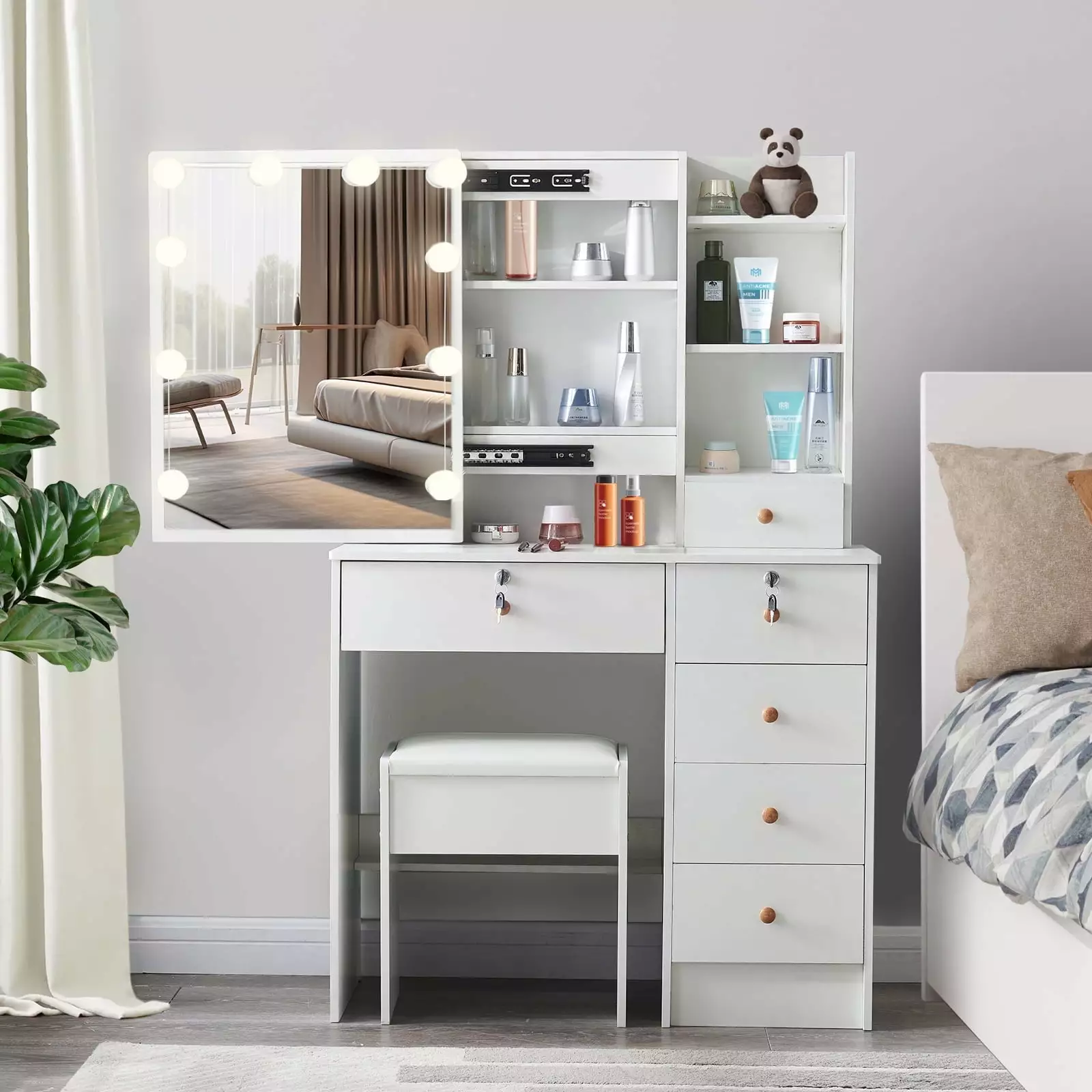 Jrswin Makeup Vanity LED Lighted Mirror - White Modern Vanity Desk Set Drawers and Stool Girls