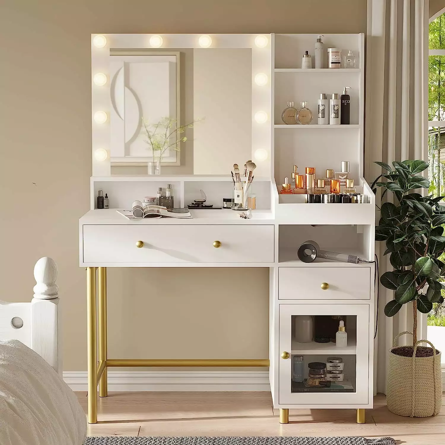 Vanity Desk Mirror and Lights 3 Colors Vanity Makeup Desk Lights and Drawers White Vanity Table Charging Station Kicode