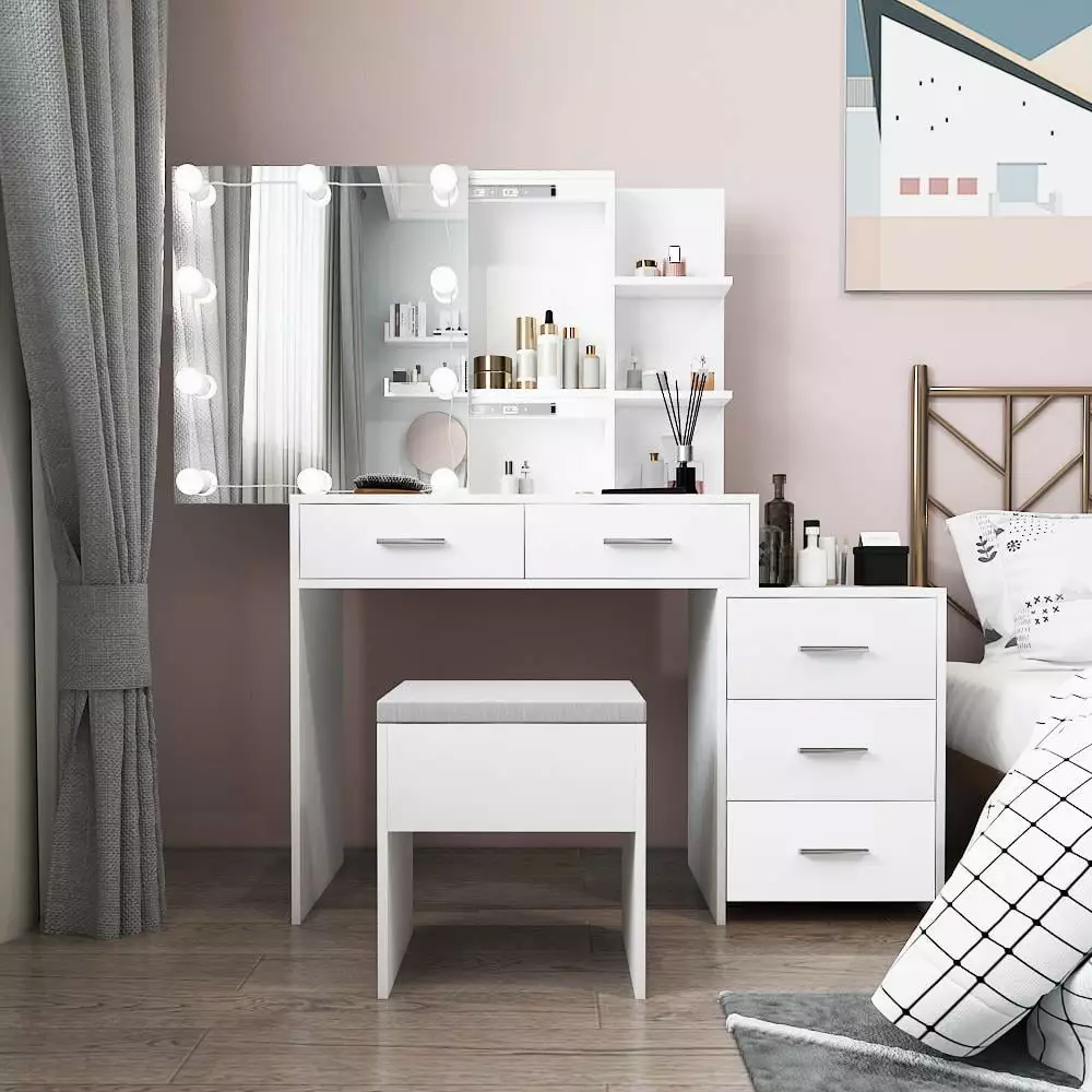 Ktaxon 3-Color Lighted Vanity Set Sliding Mirror - White Makeup Dressing Table and Stool Set