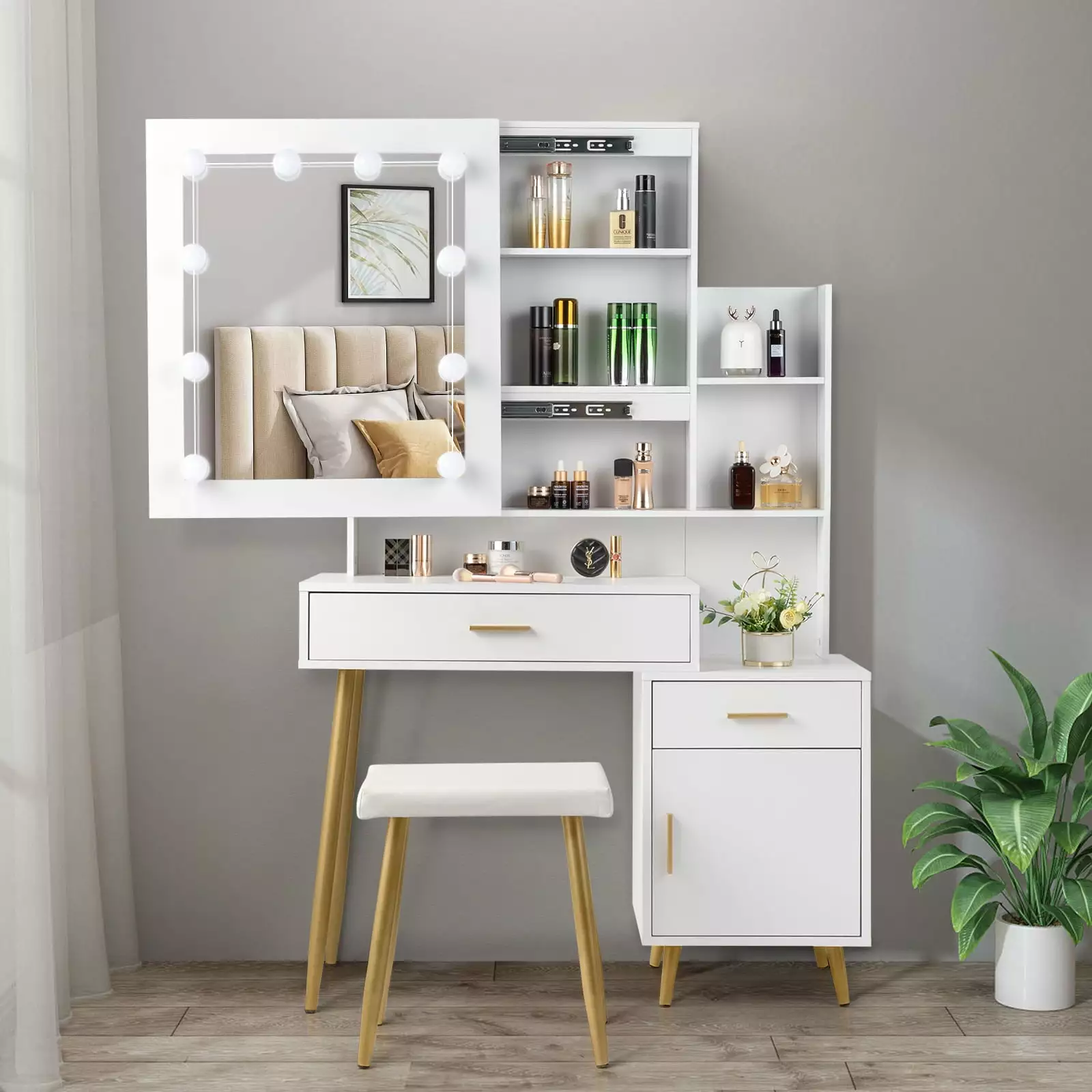 Ktaxon 3 Color Lighted Vanity Set Sliding Mirror - Makeup Dressing Table 2 Drawers & Cabinet White