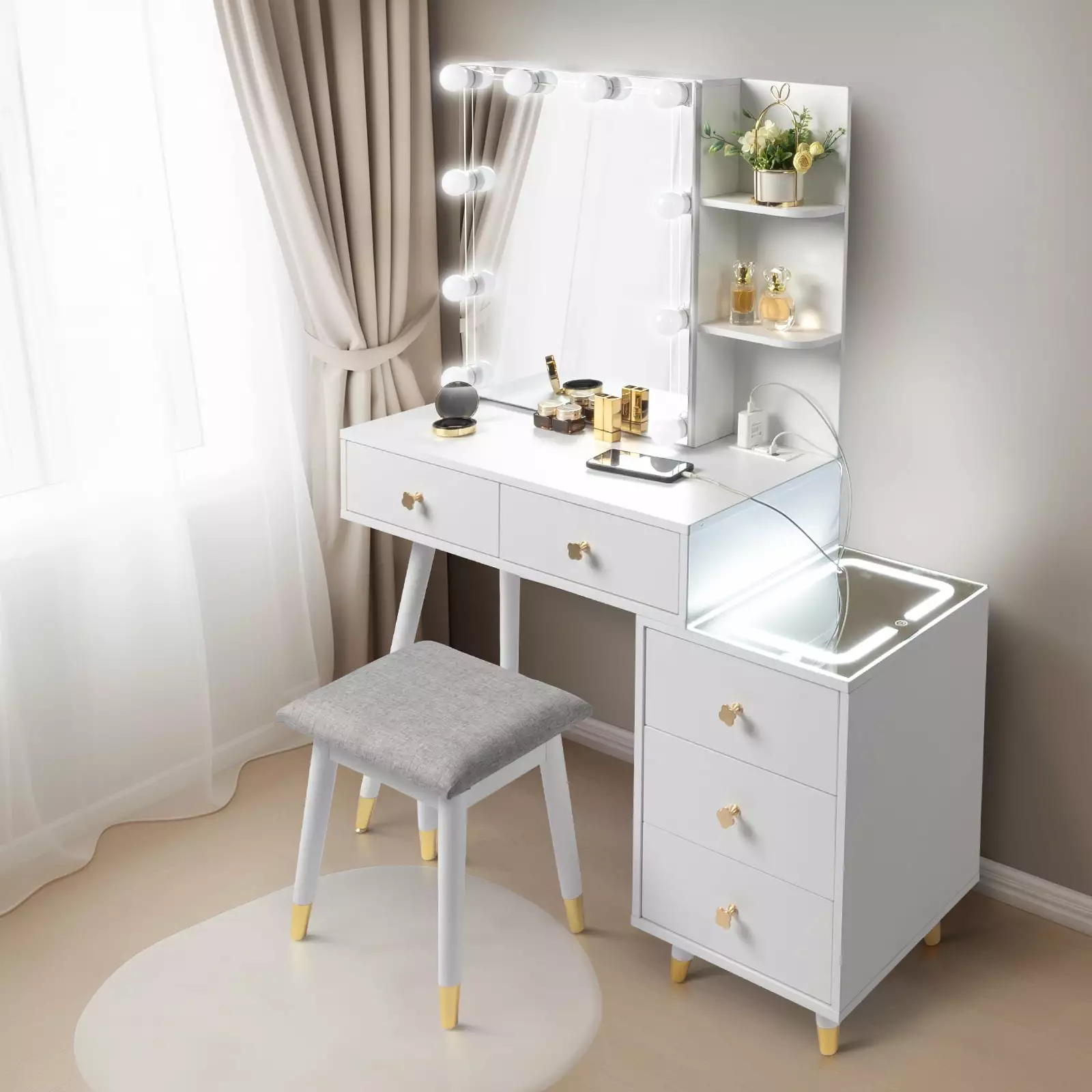 Ktaxon 3 Color Lighted Vanity Table Set - Makeup Desk LED Nightstand and USB Charging Station - White Dressing Table Girls...