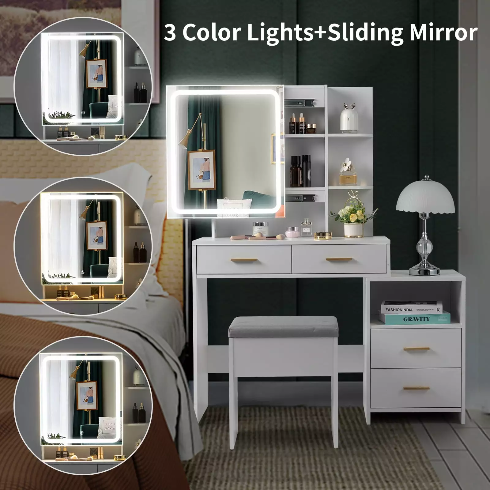 Ktaxon 3 Color Lighted Vanity Table Sliding Mirror Vanity Set Storage Drawers Hidden Shelves Cushion Stool White