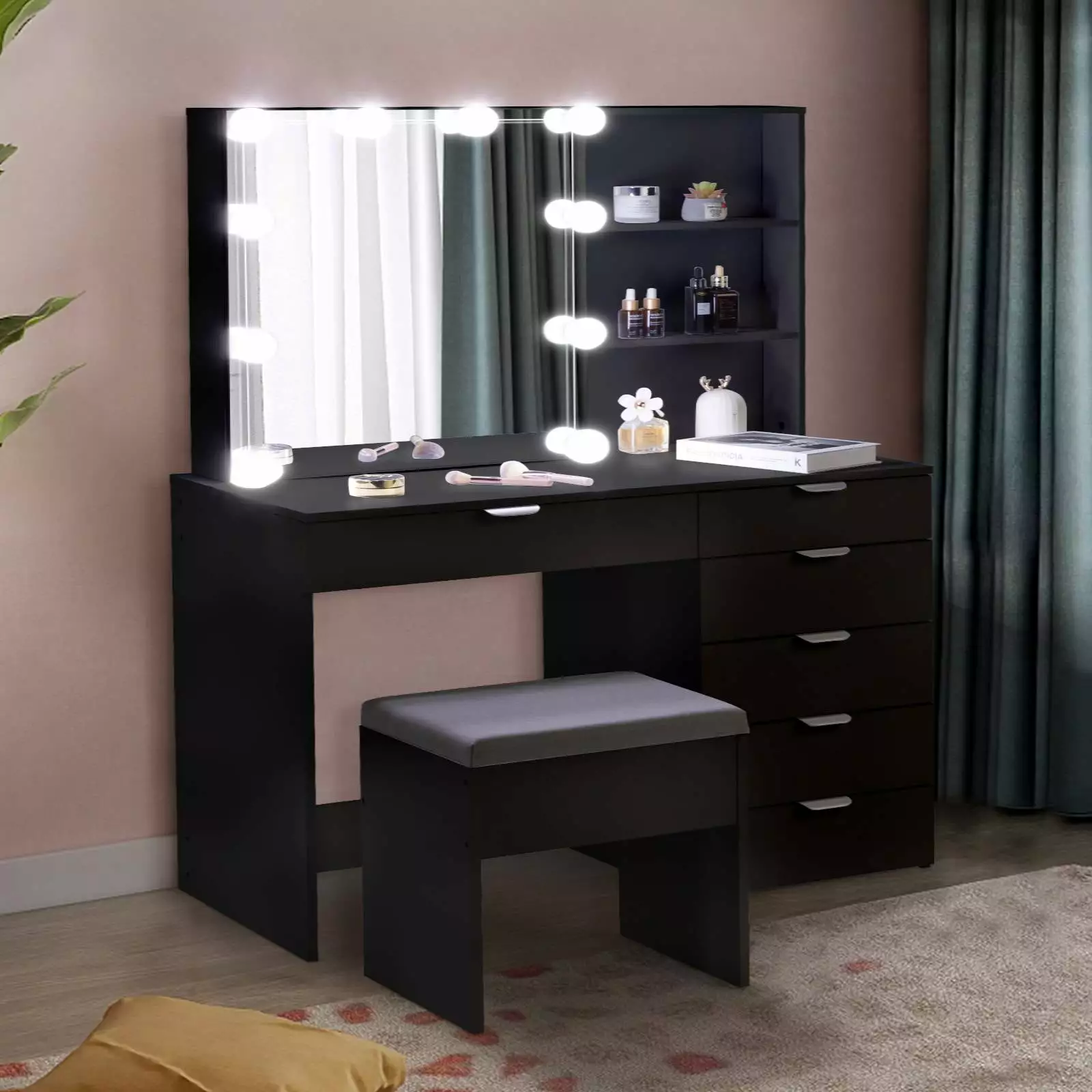 Ktaxon Large Vanity Set Sliding Lighted Mirror - Makeup Dressing Table 6 Drawers & Shelves Black