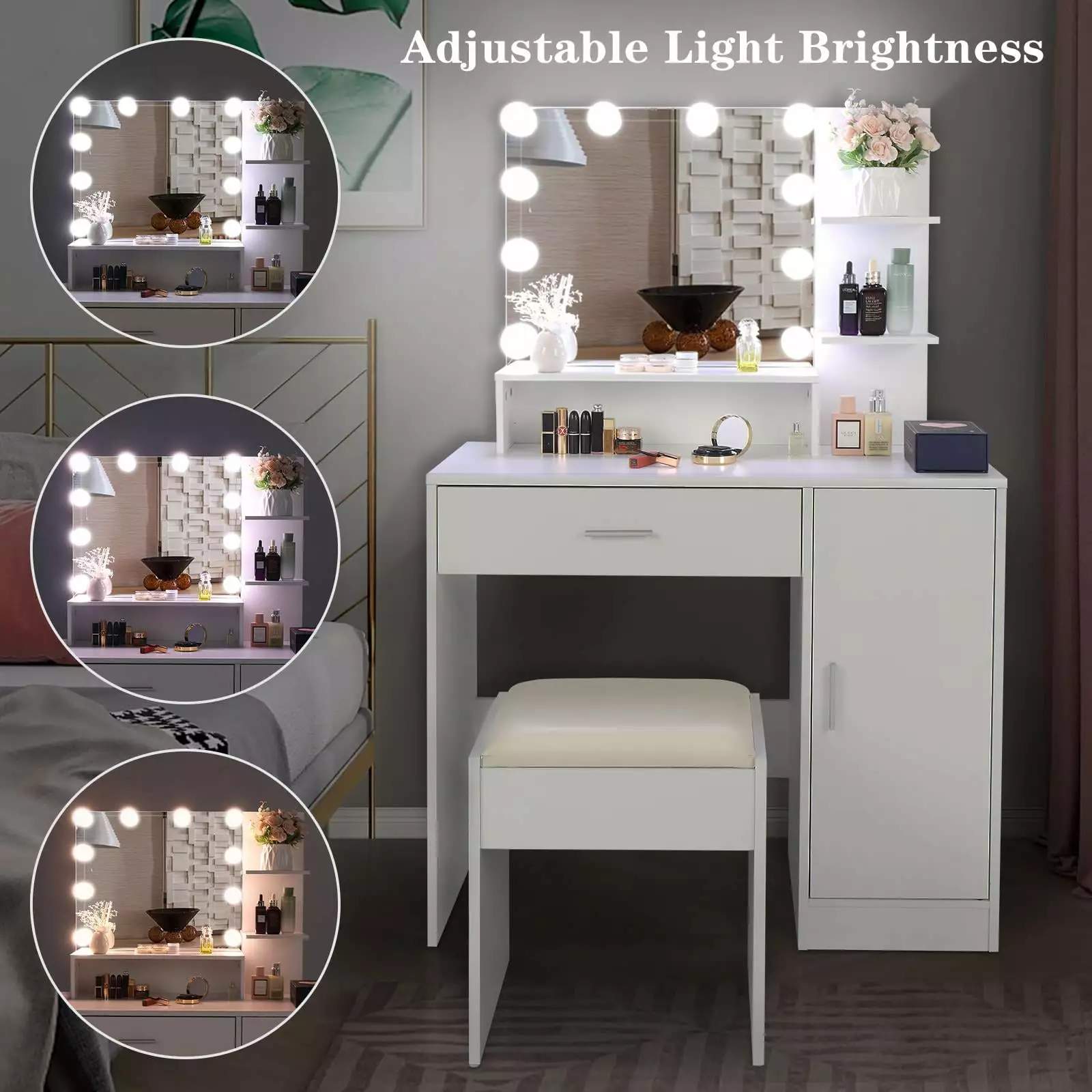 Ktaxon Vanity Set 3 Color Lighted Mirror Makeup Table Shelves and Stool White