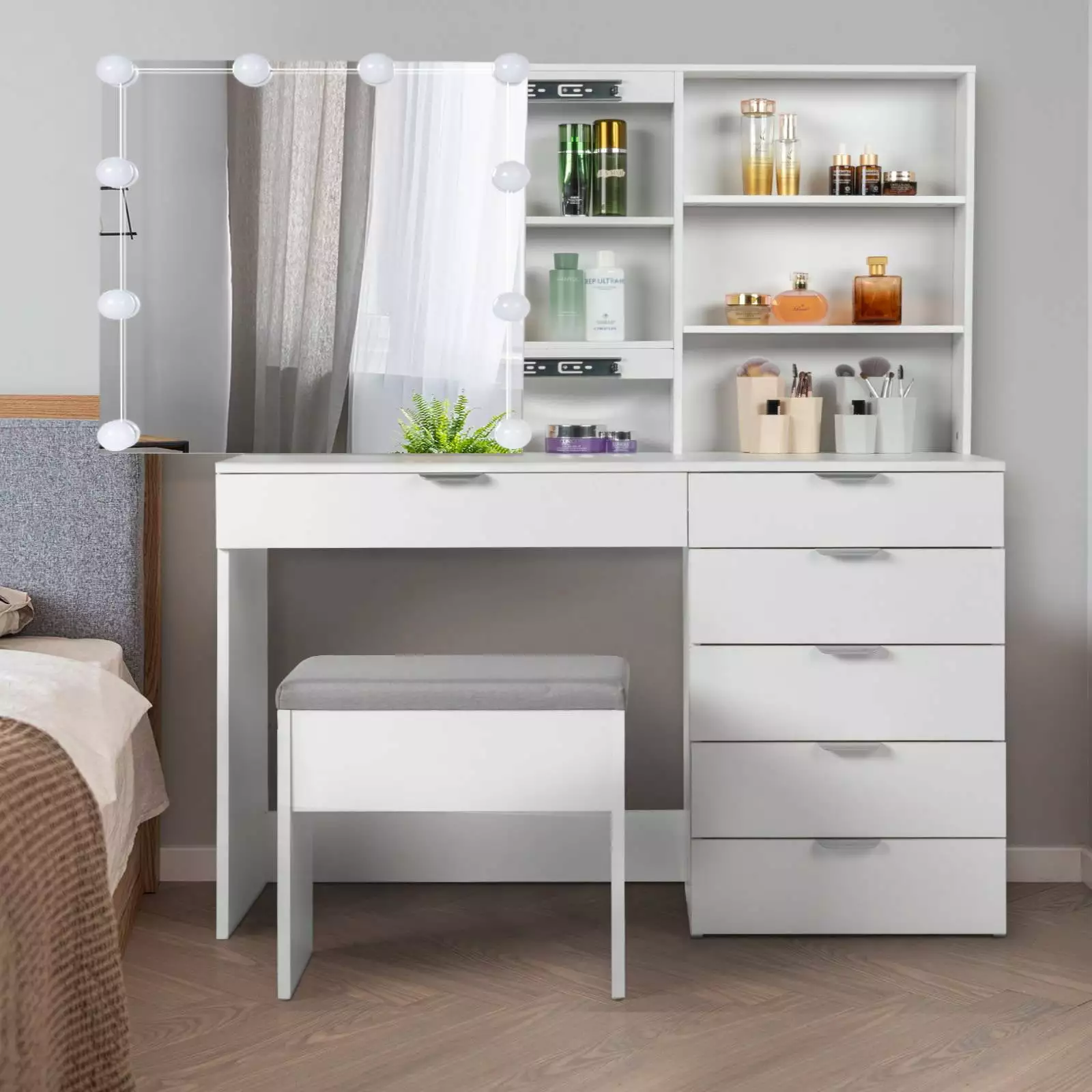 Ktaxon Vanity Set 3 Color Lighted Mirror - Makeup Table 6 Drawers and Stool - White Dressing Table