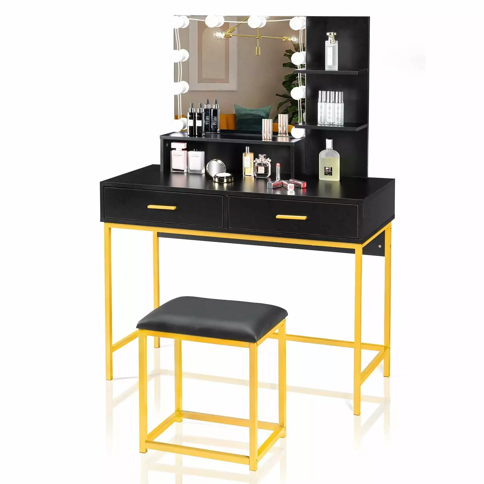 Ktaxon Vanity Set Makeup Table Lighted Mirror Stool 10 LED Bulbs 2 Large Drawers Storage Shelf Black Gold