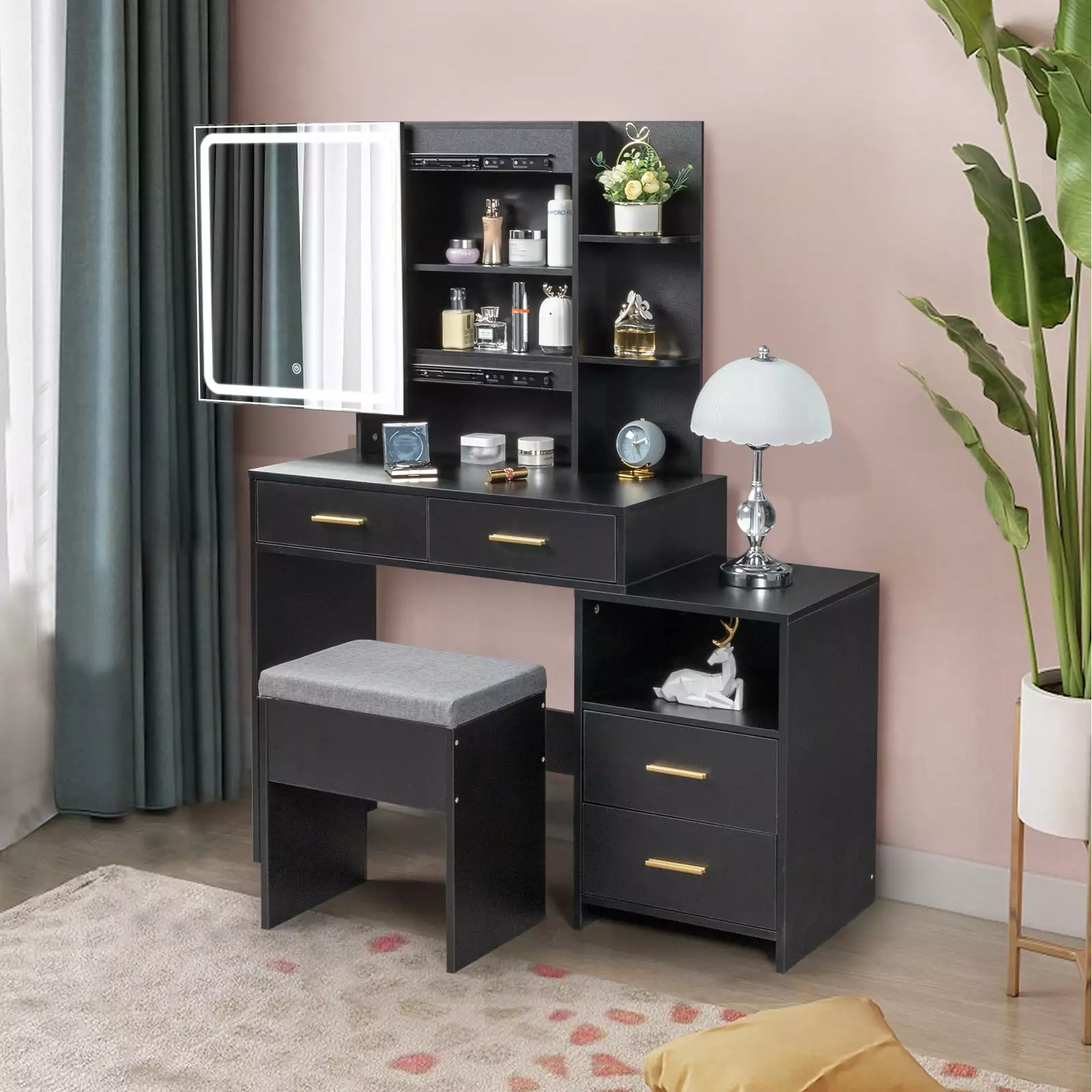 Ktaxon Vanity Set Sliding Mirror - Makeup Dressing Table 4 Drawers & Shelves Black