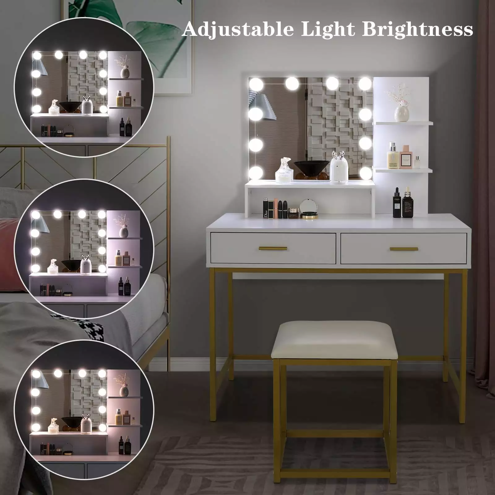 Ktaxon White Vanity Table Set 3 Color Lighted Mirror, Stool, and Storage, Gold