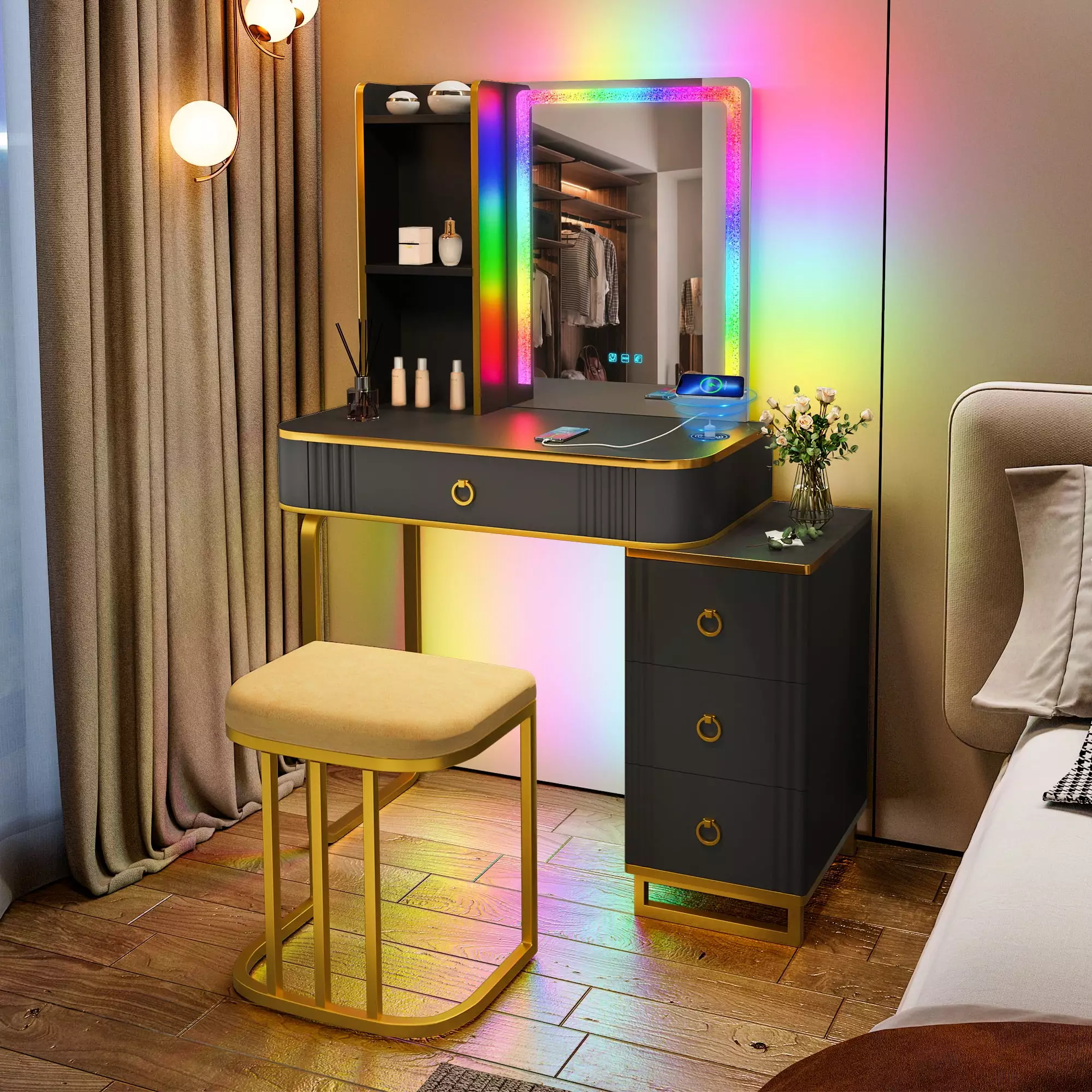 LVSOMT Makeup Vanity Desk Set Charging Station RGB Lights and Cushioned Stool Black
