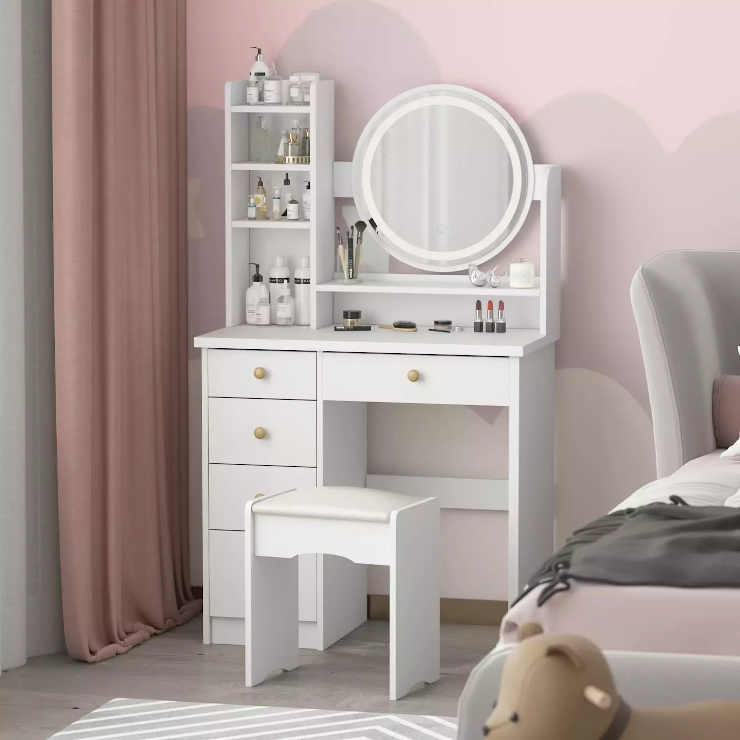MONSLIPA Vanity Set Round Mirror - White Makeup Dressing Table 5 Drawers, Shelves and Cushioned Stool
