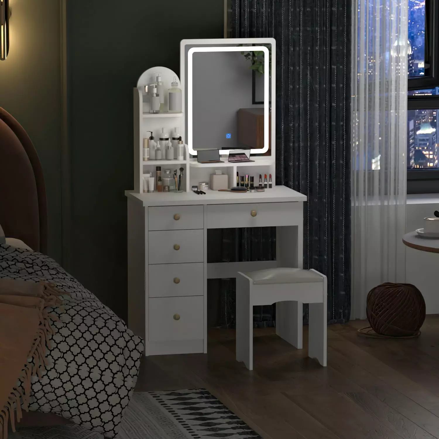 MONSLIPA White Vanity Set Lighted Mirror 5 Drawers and Cushioned Stool