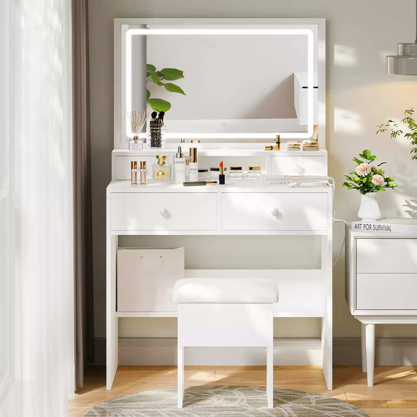 NEDYO White Vanity Desk Set LED Mirror and Power Outlet Modern Makeup Table