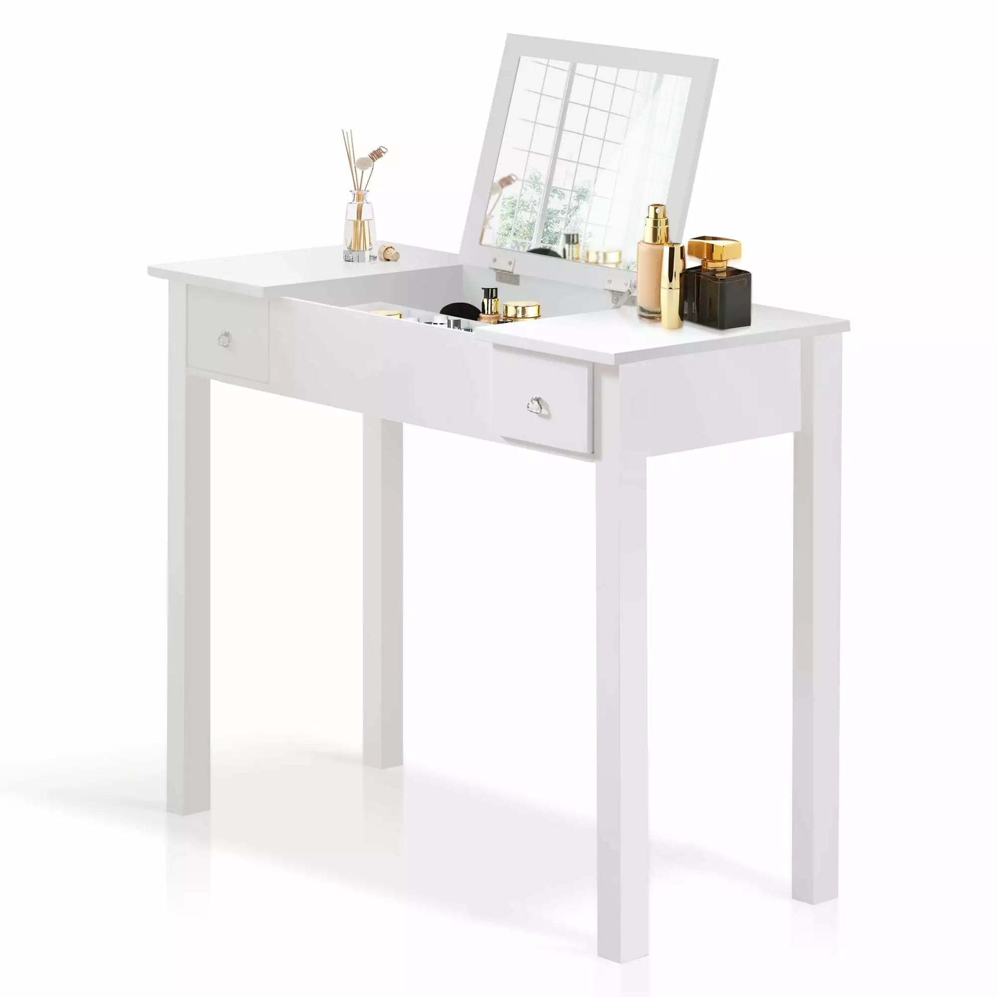 Arrangedlife Flip-Top Mirror Vanity Desk - 2 Drawer Makeup Table & Office Desk Bedroom - White Organizedlife