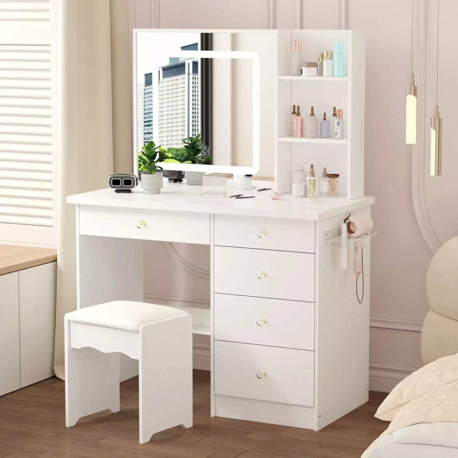 OXYLIFE Makeup Vanity Table Lighted Mirror - Bedroom Vanity Table 5 Drawers and Hair Dryer Rack