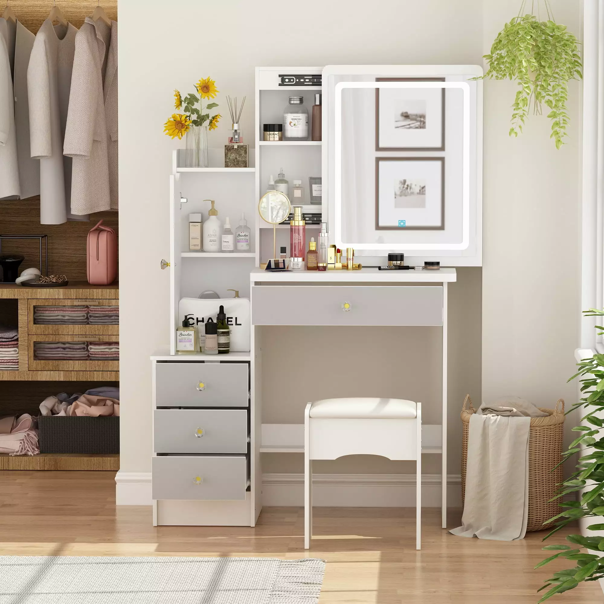 OXYLIFE Makeup Vanity Table Set Sliding LED Mirror and 4 Drawers - White and Gray