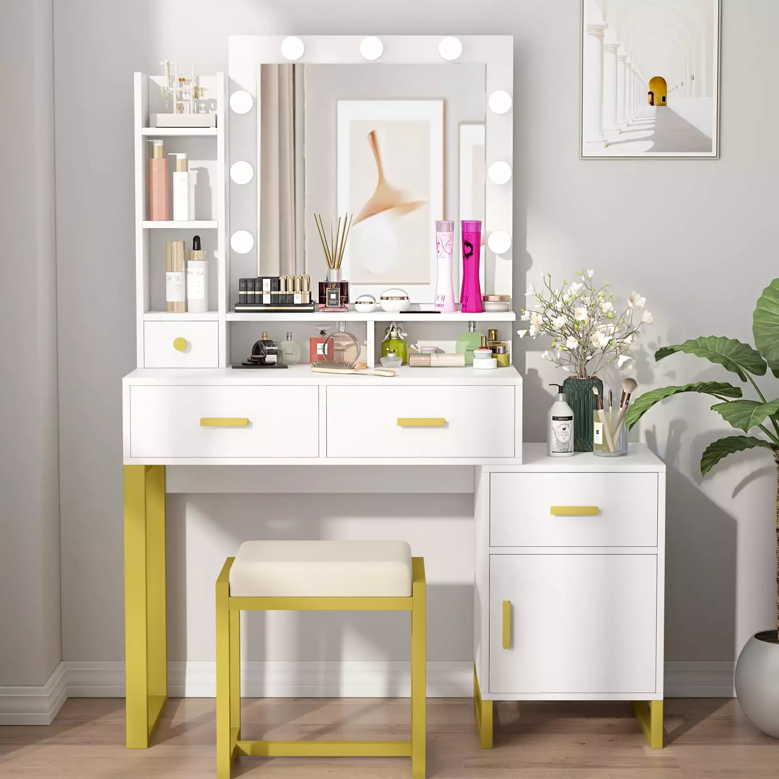 PAKASEPT Vanity Set LED Lighted Mirror and Cushioned Stool - White Makeup Desk Storage Shelves