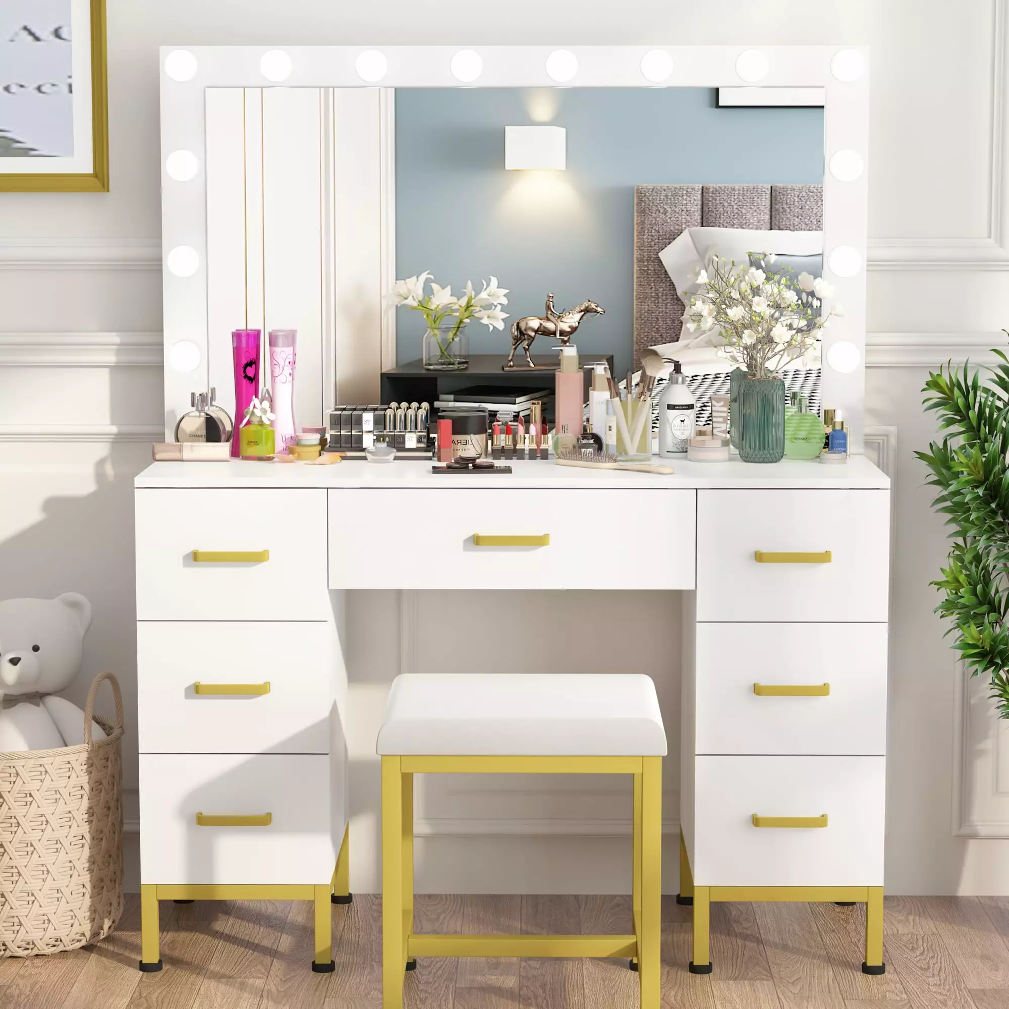 PAKASEPT Vanity Set Lighted Mirror 44'' Large Makeup Vanity 14PCS LED Bulbs Cushioned Stool & 7 Drawers Vanity Desk White ...